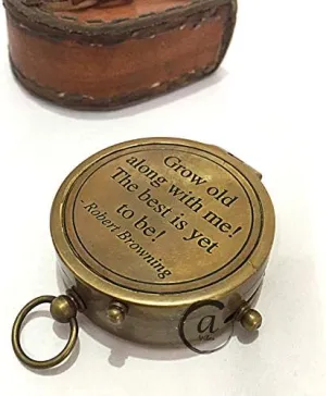 AV Brass Magnetic Compass with Leather Case/Box - Beautiful Traveling Quote - Gifts Men/Women