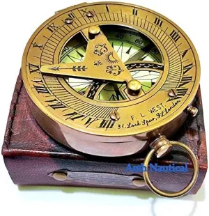 Aysha Nautical Vintage Brass Compass with Handmade Leather Case/E.E. Cummings Directional Magnetic Compass for Navigation/Push Button Pocket Compass for Camping, Hiking, Touring