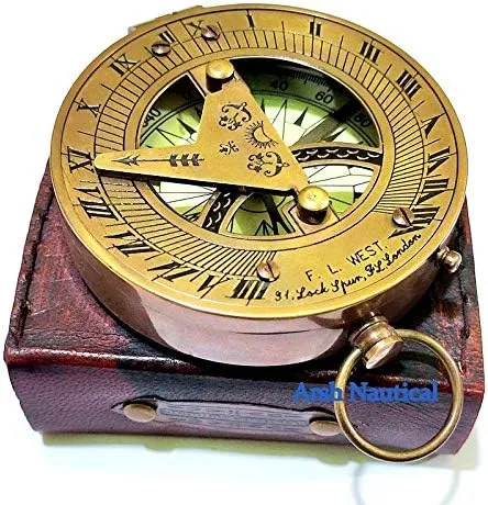 Aysha Nautical Vintage Brass Compass with Handmade Leather Case/E.E. Cummings Directional Magnetic Compass for Navigation/Push Button Pocket Compass for Camping, Hiking, Touring