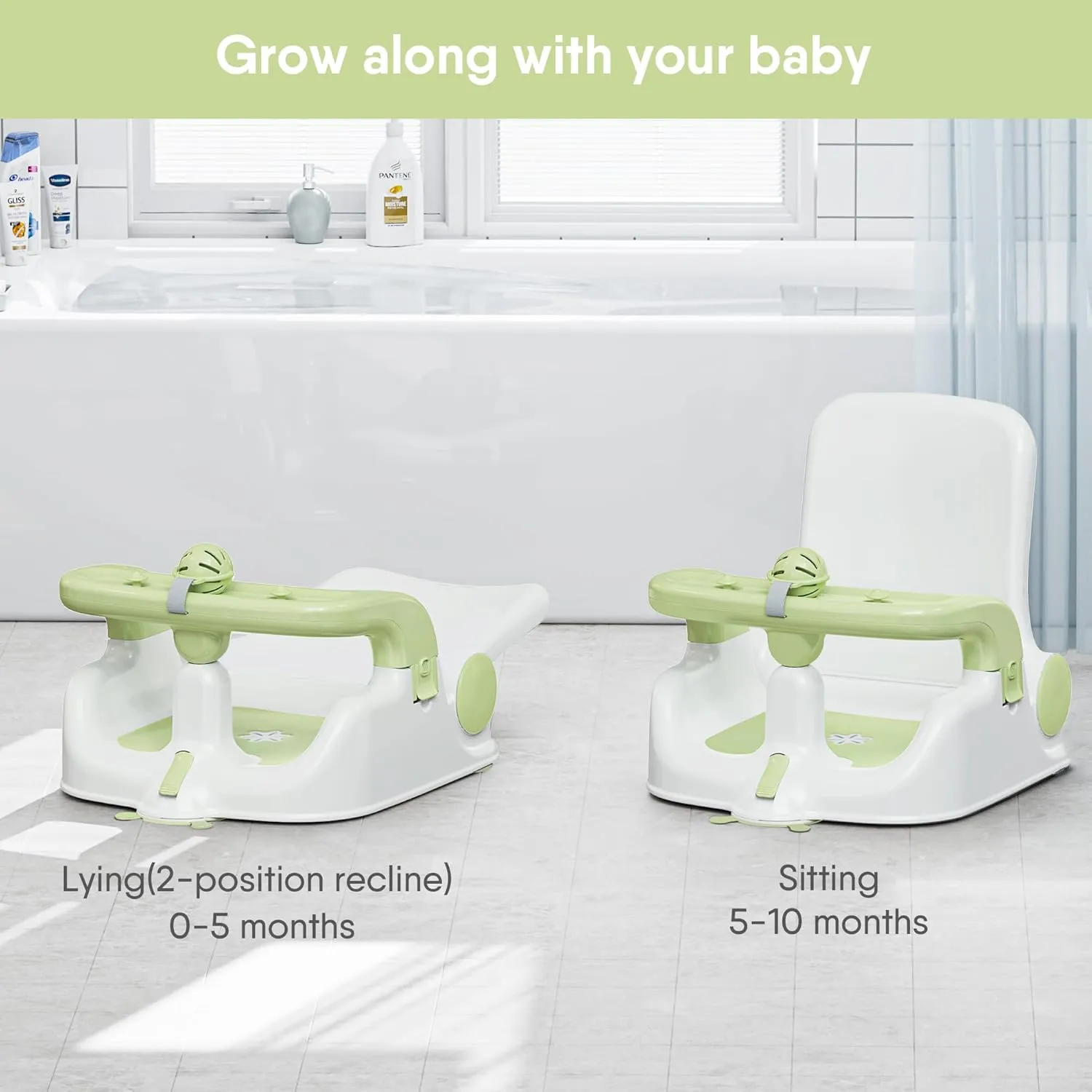 Baby Bath Seat with Sitting & Lying 2 Modes, 3-Speed Adjustment, Powerful Suction Cups, Infant Bathtub Chair with Washable Pillow, Folding and Hanging