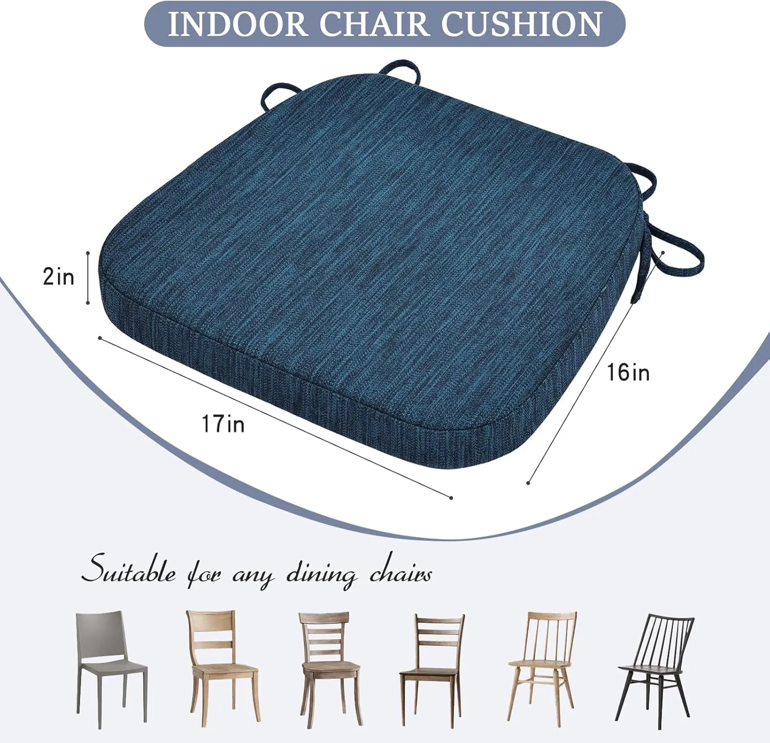 baibu Kitchen Chair Cushions, Dual-Layer Patented Design Molded Memory Foam Dining Chair Pads with Ties and Washable Cover, 17" x 16" x 2", Blue