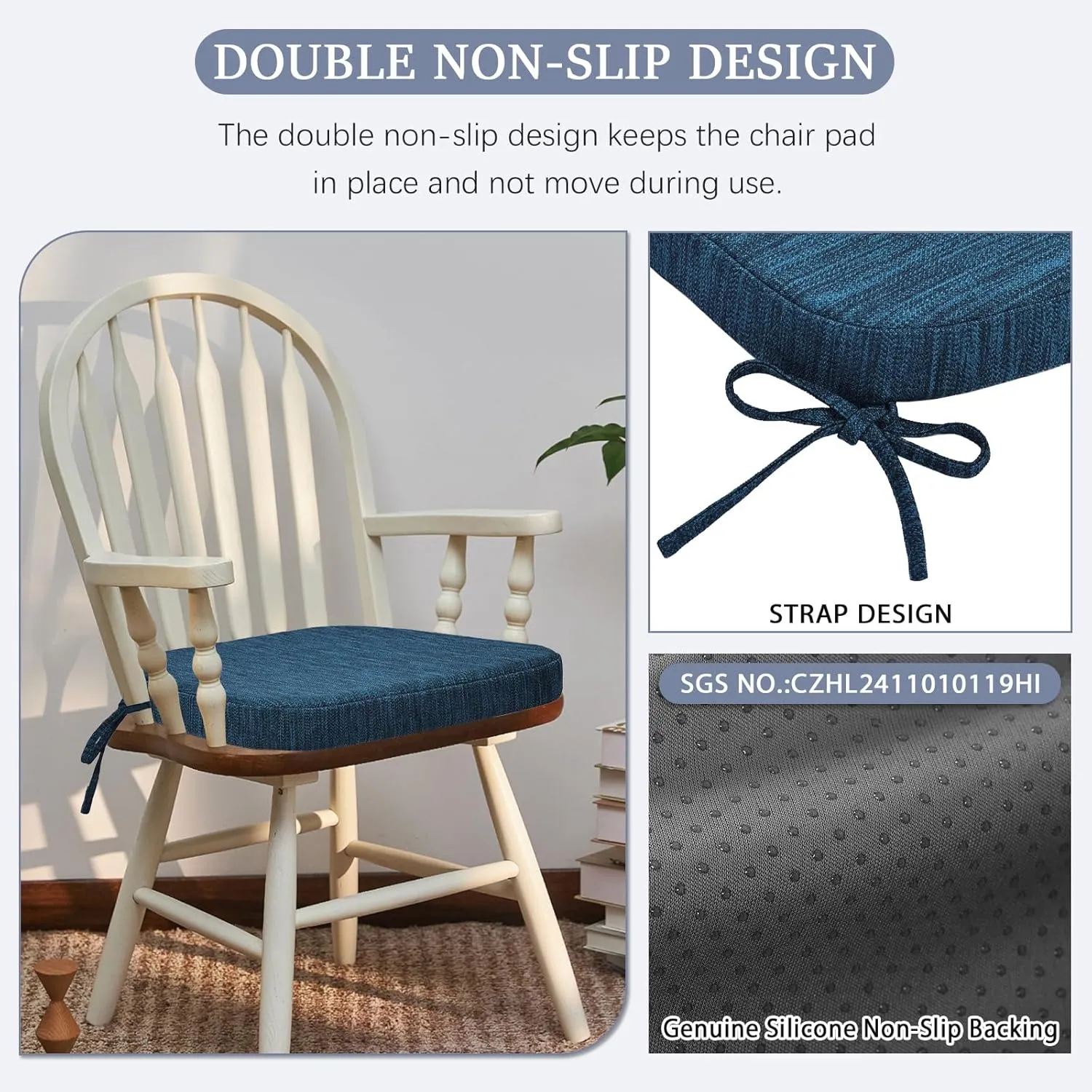 baibu Kitchen Chair Cushions, Dual-Layer Patented Design Molded Memory Foam Dining Chair Pads with Ties and Washable Cover, 17" x 16" x 2", Blue