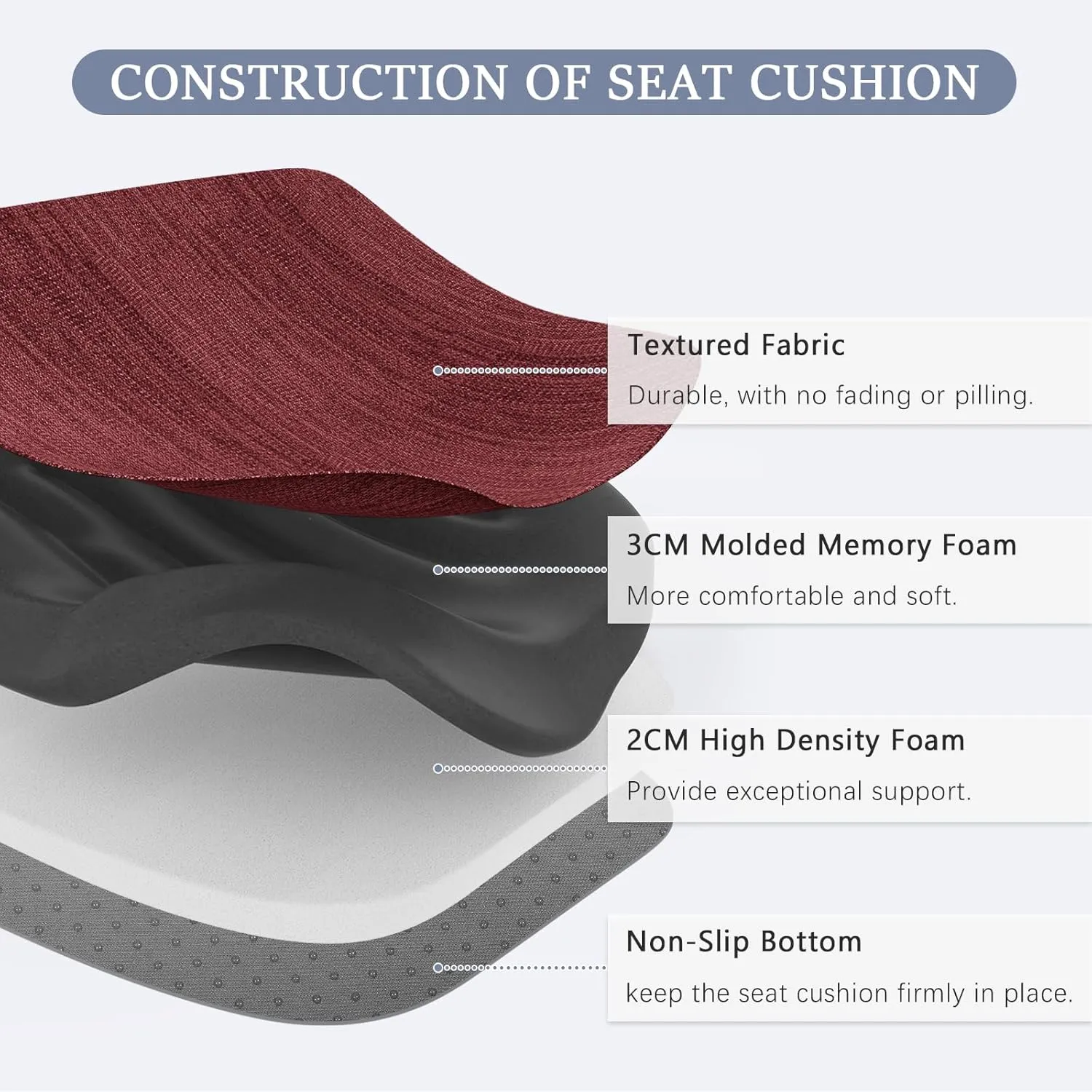 baibu Kitchen Chair Cushions, Dual-Layer Patented Design Molded Memory Foam Dining Chair Pads with Ties and Washable Cover, 17" x 16" x 2", Red