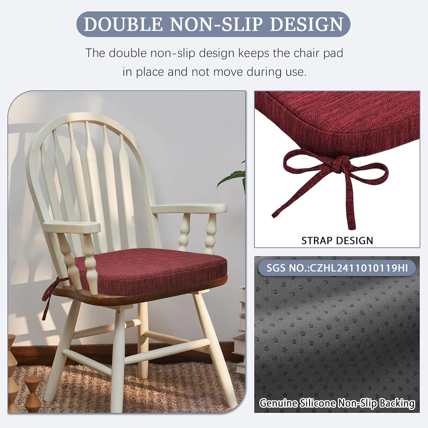 baibu Kitchen Chair Cushions, Dual-Layer Patented Design Molded Memory Foam Dining Chair Pads with Ties and Washable Cover, 17" x 16" x 2", Red