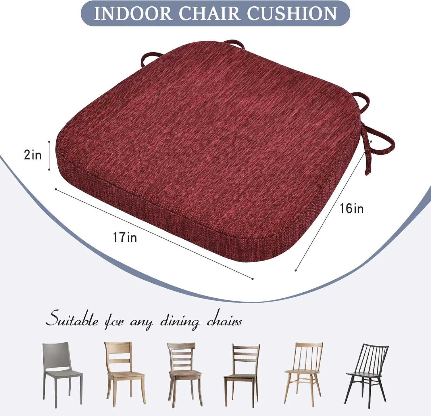 baibu Kitchen Chair Cushions, Dual-Layer Patented Design Molded Memory Foam Dining Chair Pads with Ties and Washable Cover, 17" x 16" x 2", Red