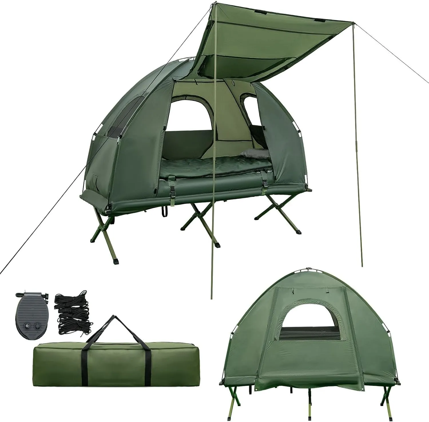 BANGTANE Tent Cot for Camping 1-Person, All-in-1 Folding Tent Combo w/Air Mattress, Sleeping Bag, Carry Bag & Foot Pump, Off Ground Travel Cot for Hiking, Backpacking, Fishing & Picnic