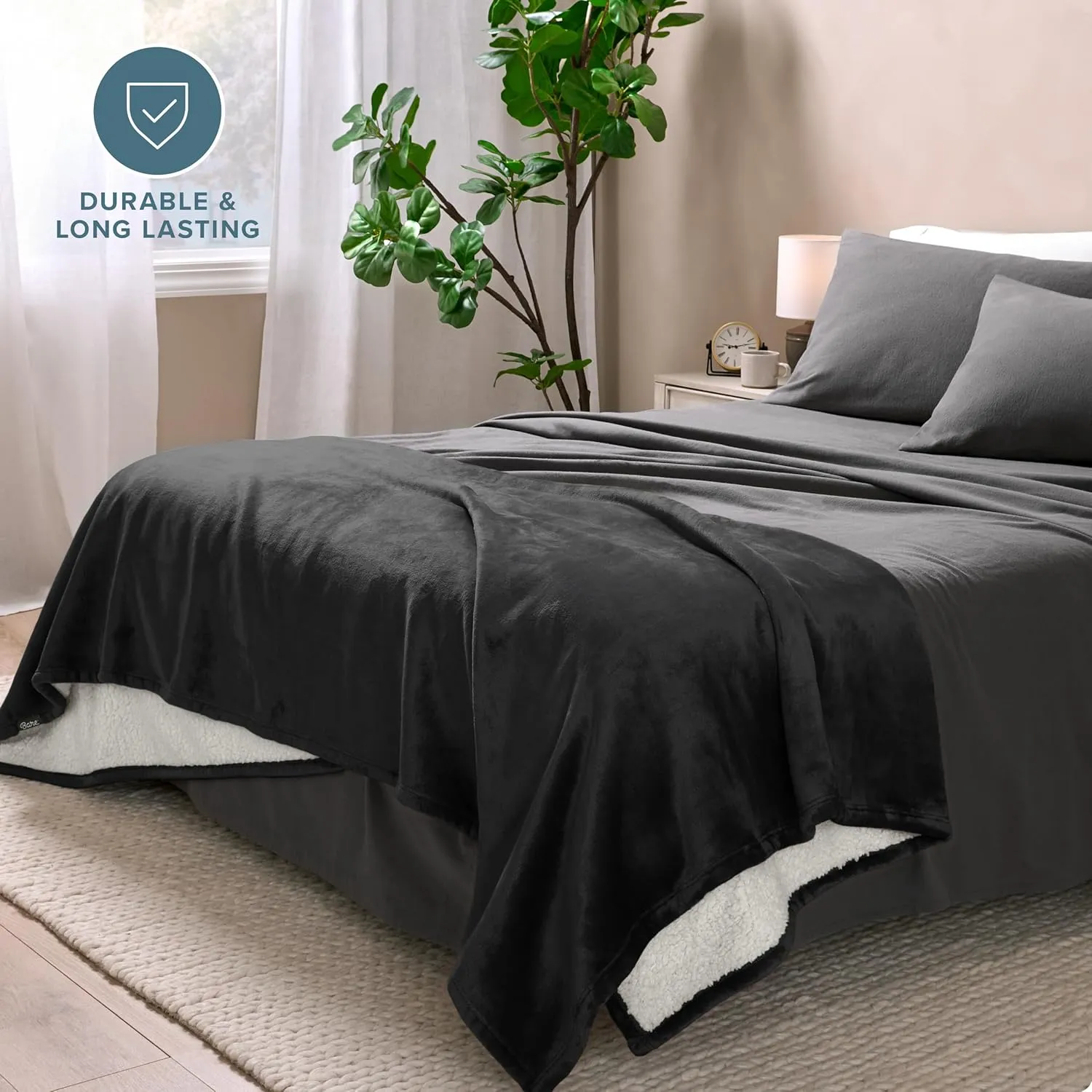 Bare Home Sherpa Fleece Blanket - Extra Long - Throw for Bed, Sofa, Couch, Camping, Travel, and Gifts - Warm & Lightweight - Fluffy & Soft Plush Blanket - Reversible (Twin/Twin XL, Black)
