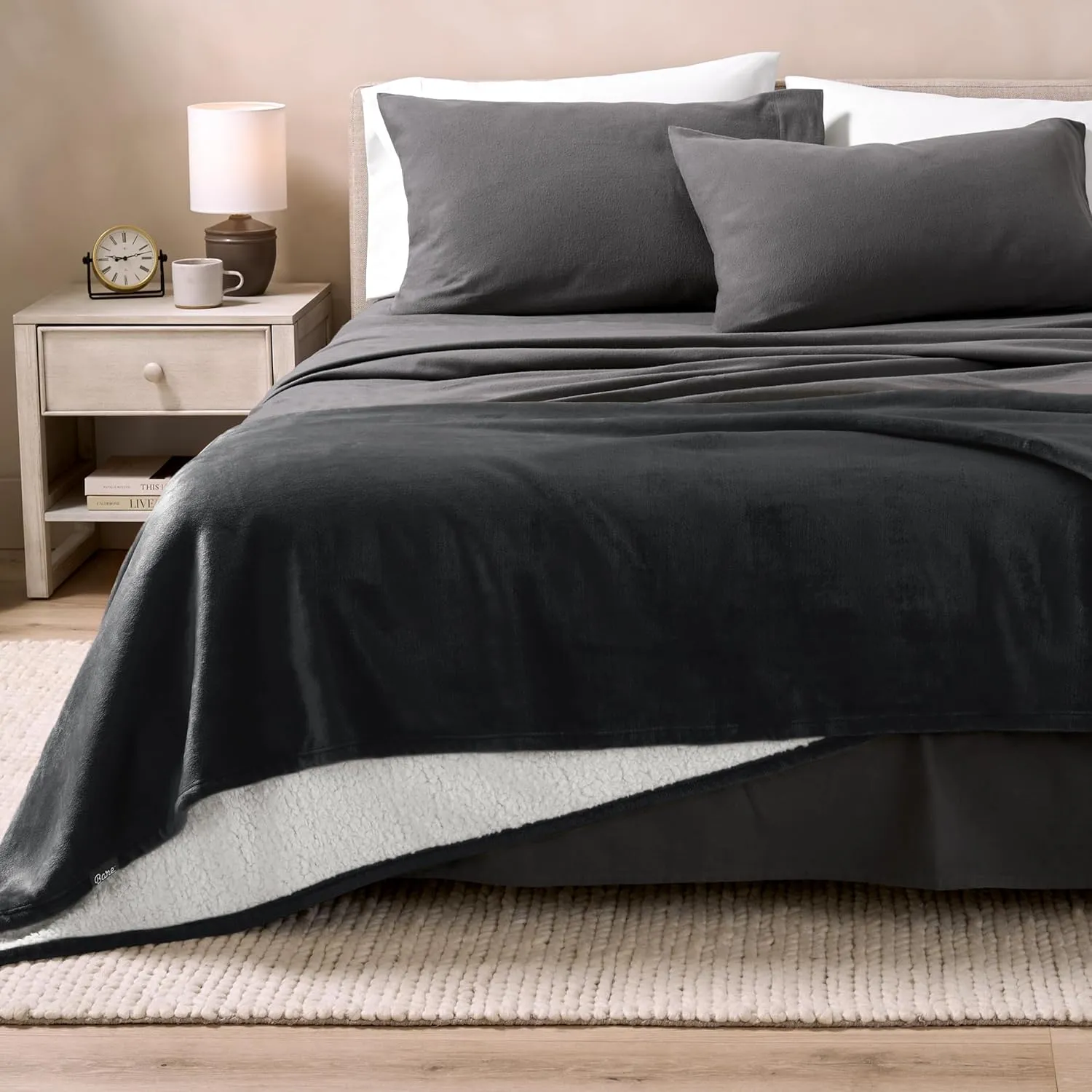Bare Home Sherpa Fleece Blanket - Extra Long - Throw for Bed, Sofa, Couch, Camping, Travel, and Gifts - Warm & Lightweight - Fluffy & Soft Plush Blanket - Reversible (Twin/Twin XL, Black)
