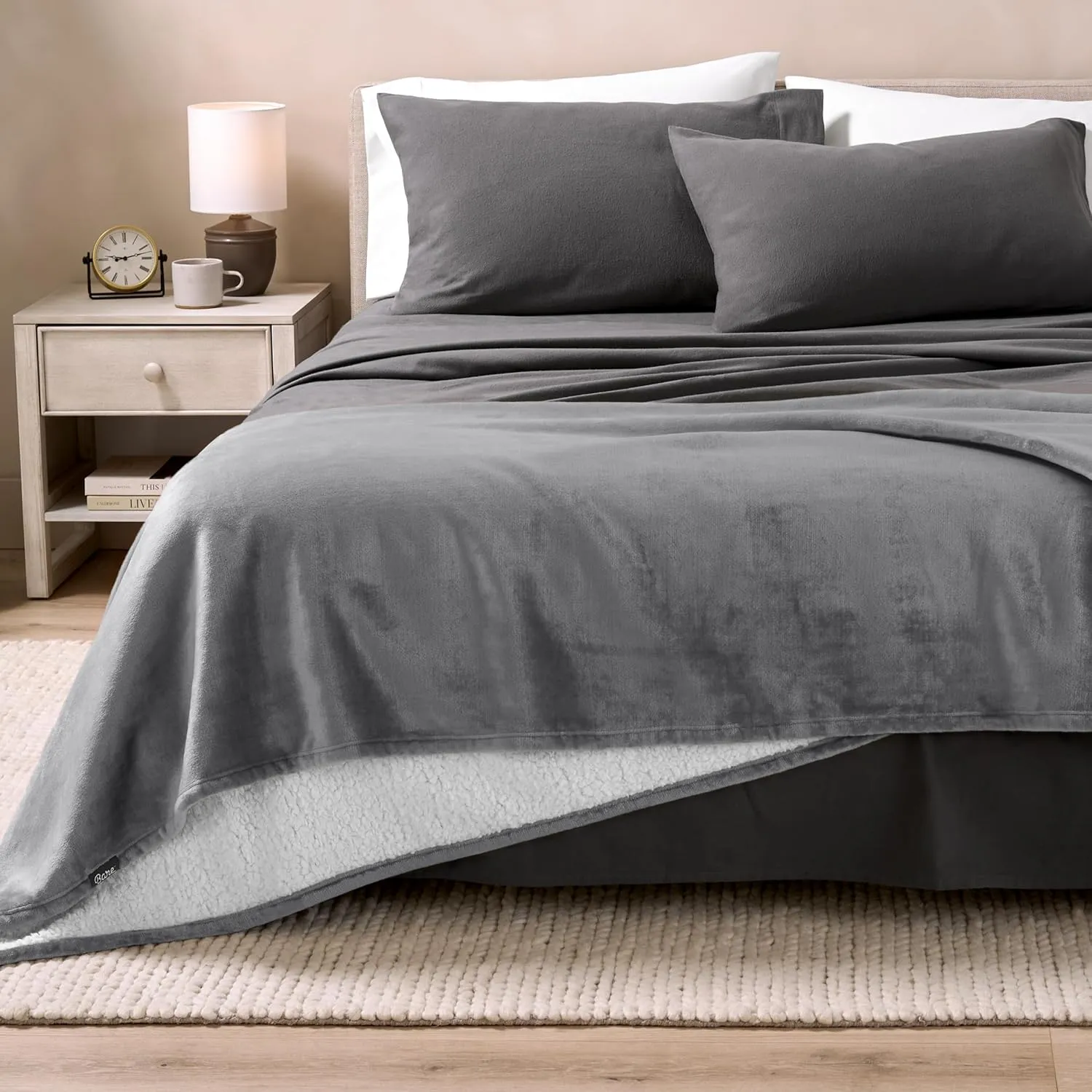 Bare Home Sherpa Fleece Blanket - Extra Long - Throw for Bed, Sofa, Couch, Camping, Travel, and Gifts - Warm & Lightweight - Fluffy & Soft Plush Blanket - Reversible (Twin/Twin XL, Grey)