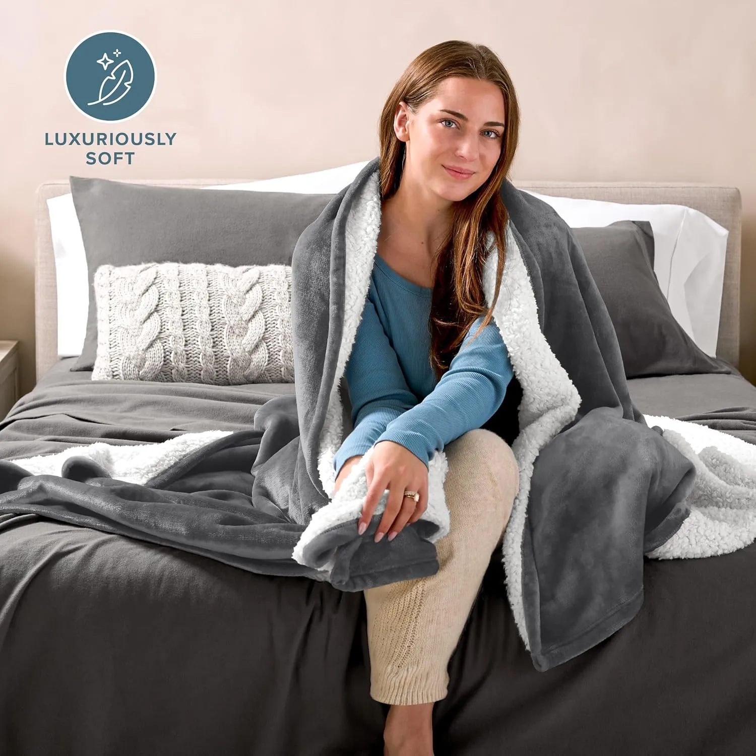 Bare Home Sherpa Fleece Blanket - Extra Long - Throw for Bed, Sofa, Couch, Camping, Travel, and Gifts - Warm & Lightweight - Fluffy & Soft Plush Blanket - Reversible (Twin/Twin XL, Grey)
