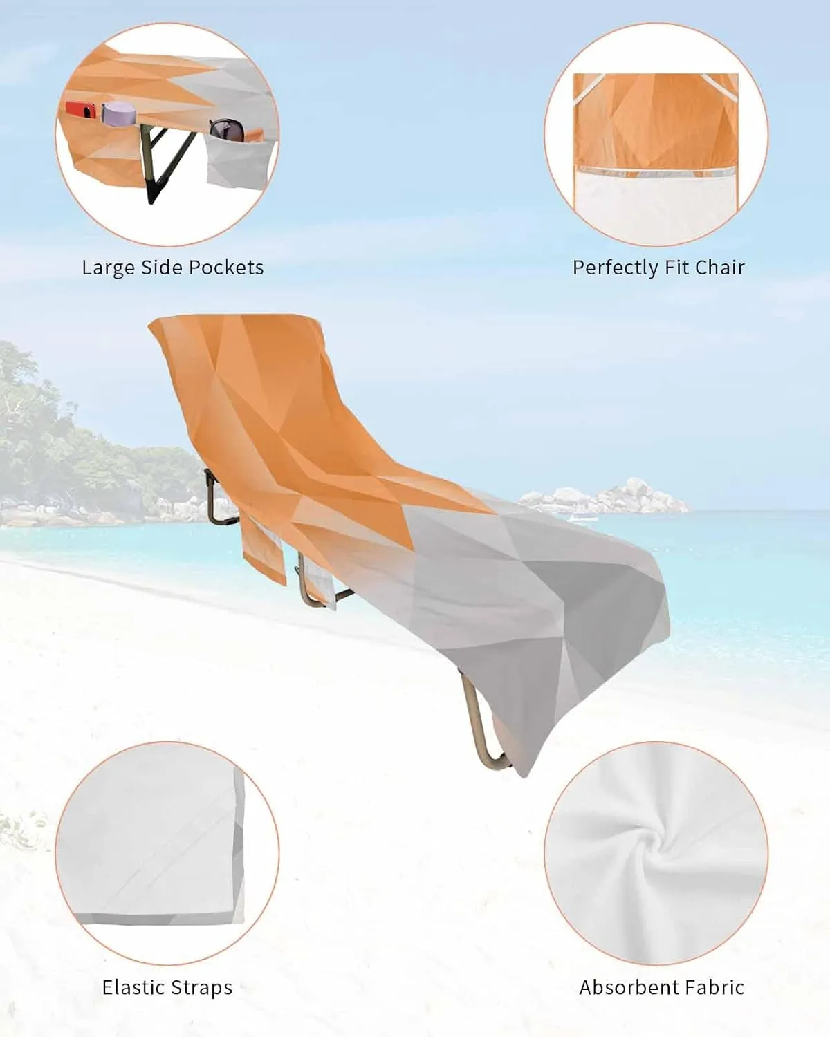 Beach Pool Patio Lounge Chaise Chair Cover Towel with Pockets, Geometric Orange Absorbent & Quick Dry Microfiber Towel Cover Bag Summer Travel Accessories for Sunbathing Modern Abstract Gradient Grey