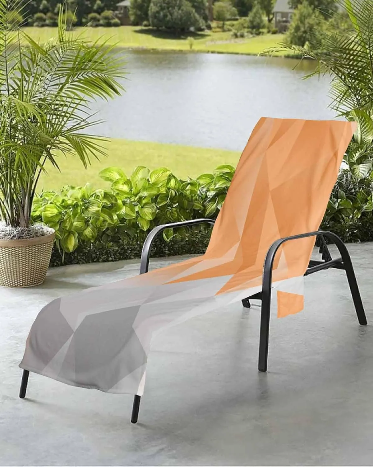 Beach Pool Patio Lounge Chaise Chair Cover Towel with Pockets, Geometric Orange Absorbent & Quick Dry Microfiber Towel Cover Bag Summer Travel Accessories for Sunbathing Modern Abstract Gradient Grey