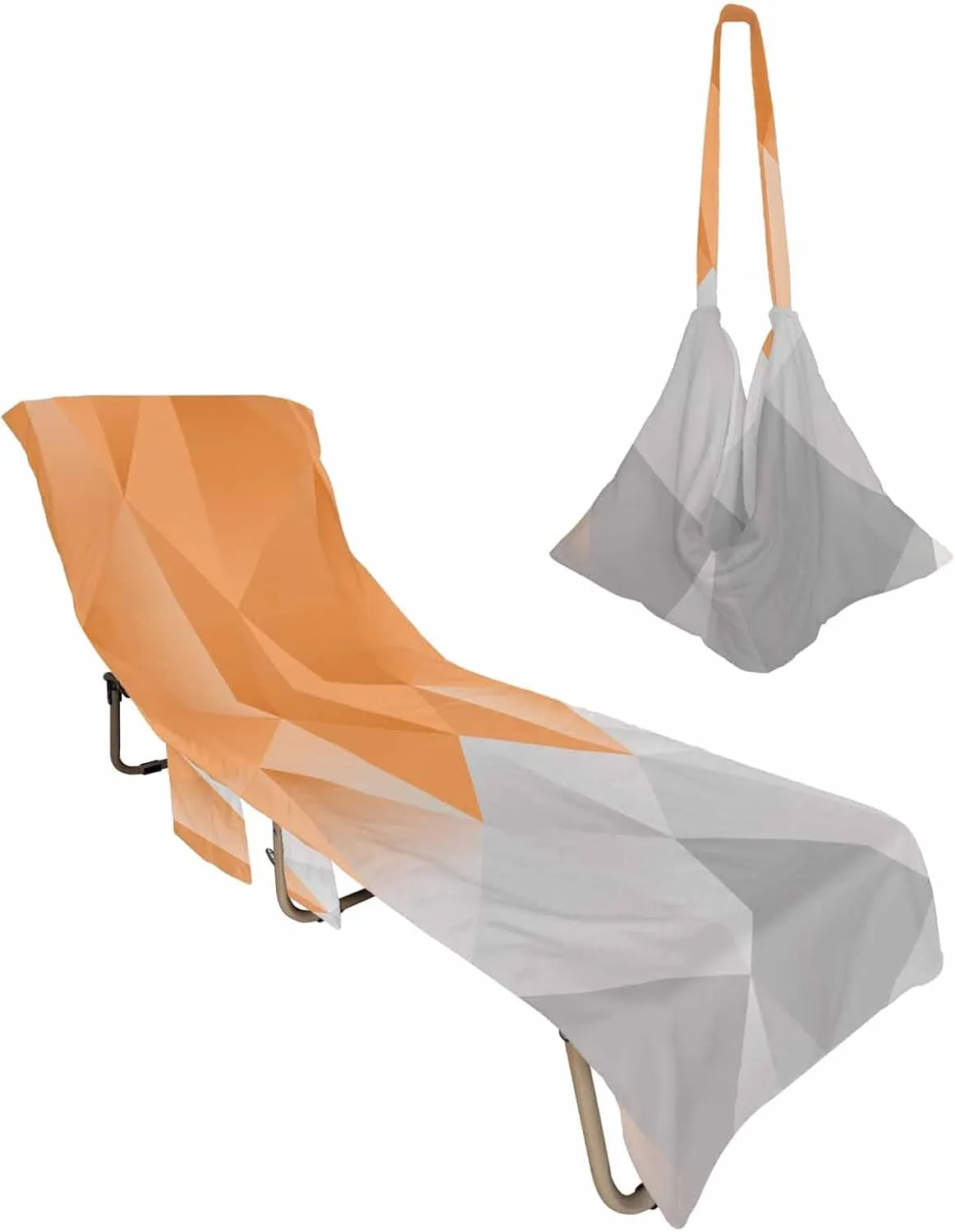 Beach Pool Patio Lounge Chaise Chair Cover Towel with Pockets, Geometric Orange Absorbent & Quick Dry Microfiber Towel Cover Bag Summer Travel Accessories for Sunbathing Modern Abstract Gradient Grey