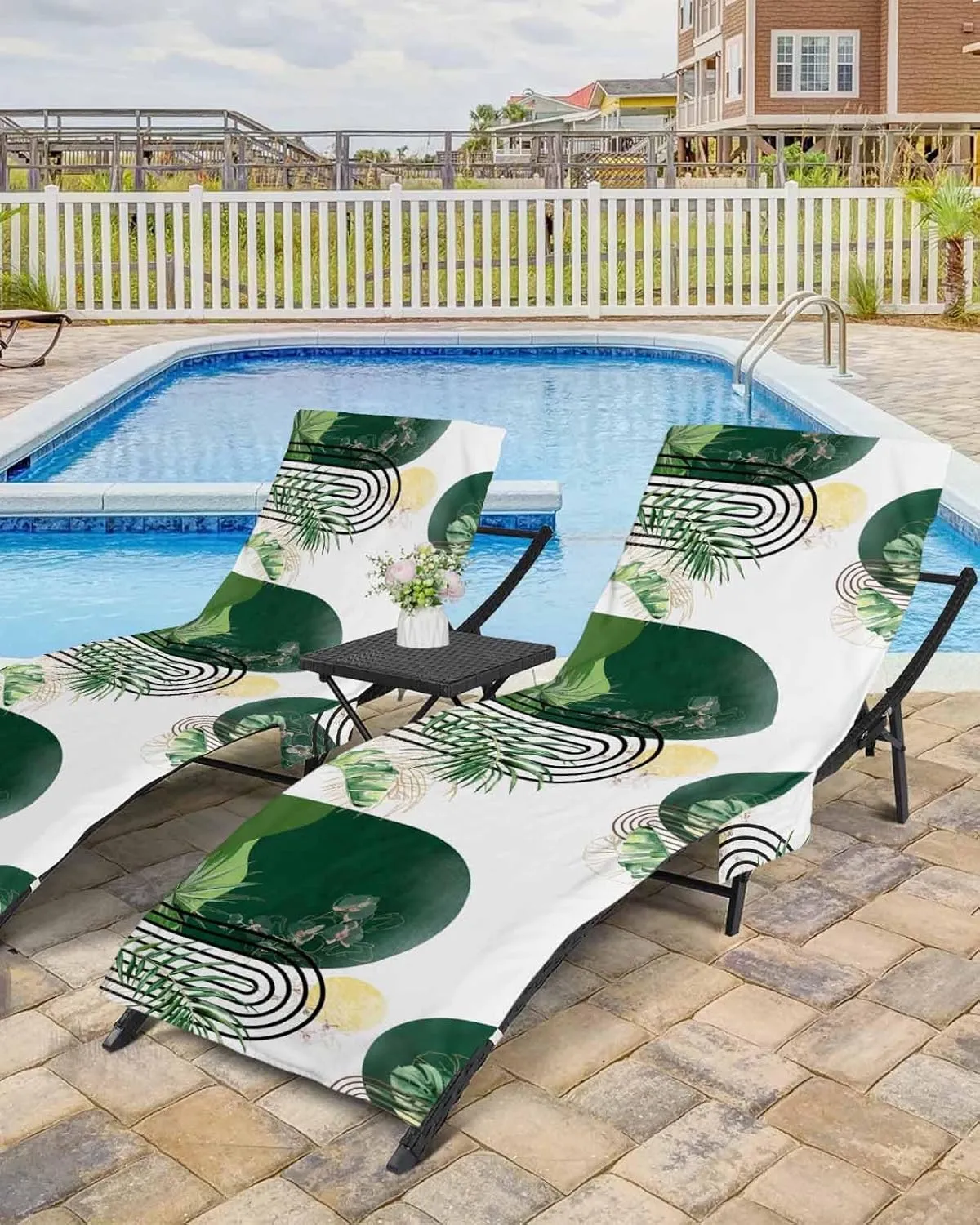 Beach Pool Patio Lounge Chaise Chair Cover Towel with Pockets,Boho Green Leaves Absorbent & Quick Dry Microfiber Towel Cover Bag Summer Travel Accessories Tropical Palm Leaf Sun Modern White
