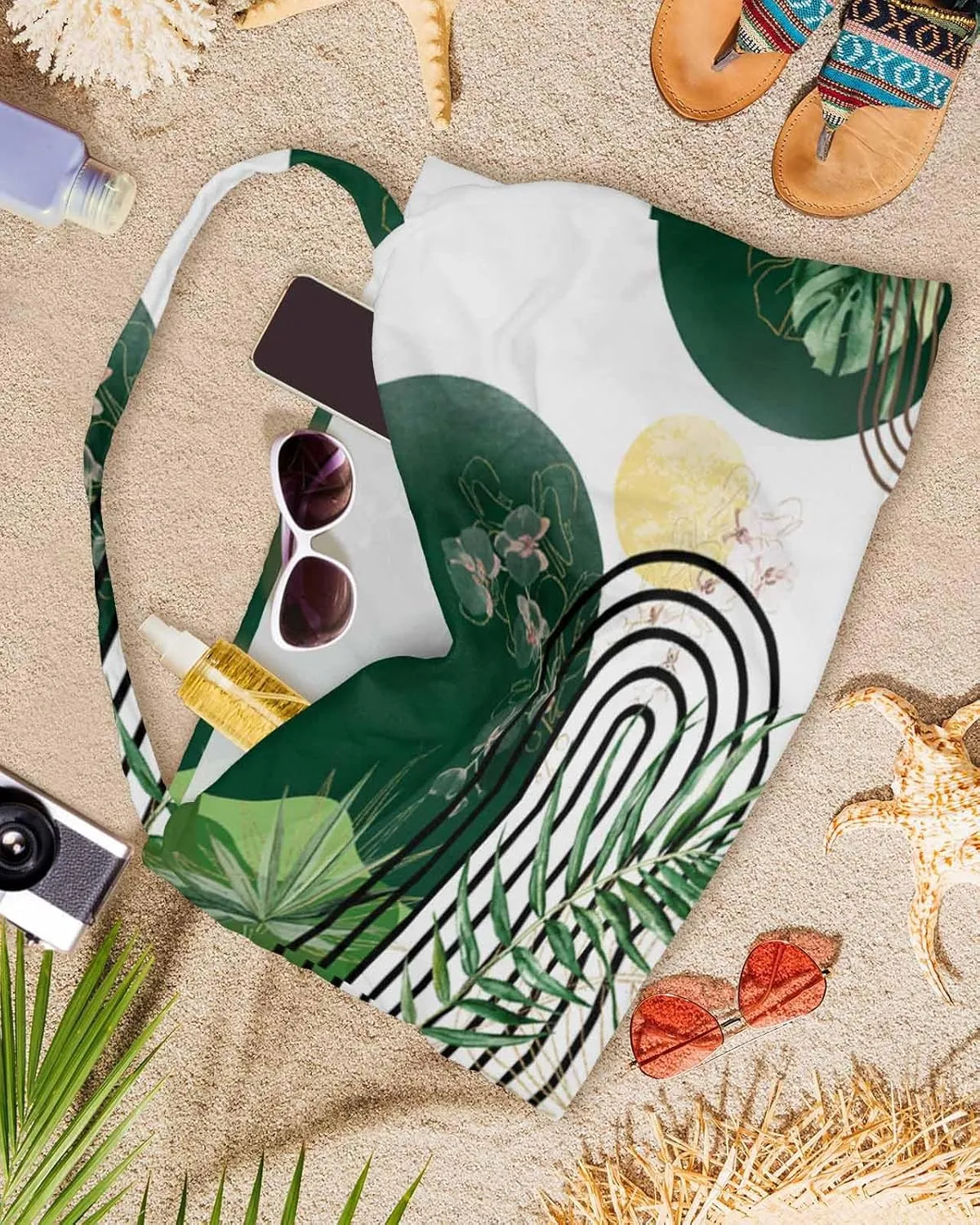 Beach Pool Patio Lounge Chaise Chair Cover Towel with Pockets,Boho Green Leaves Absorbent & Quick Dry Microfiber Towel Cover Bag Summer Travel Accessories Tropical Palm Leaf Sun Modern White