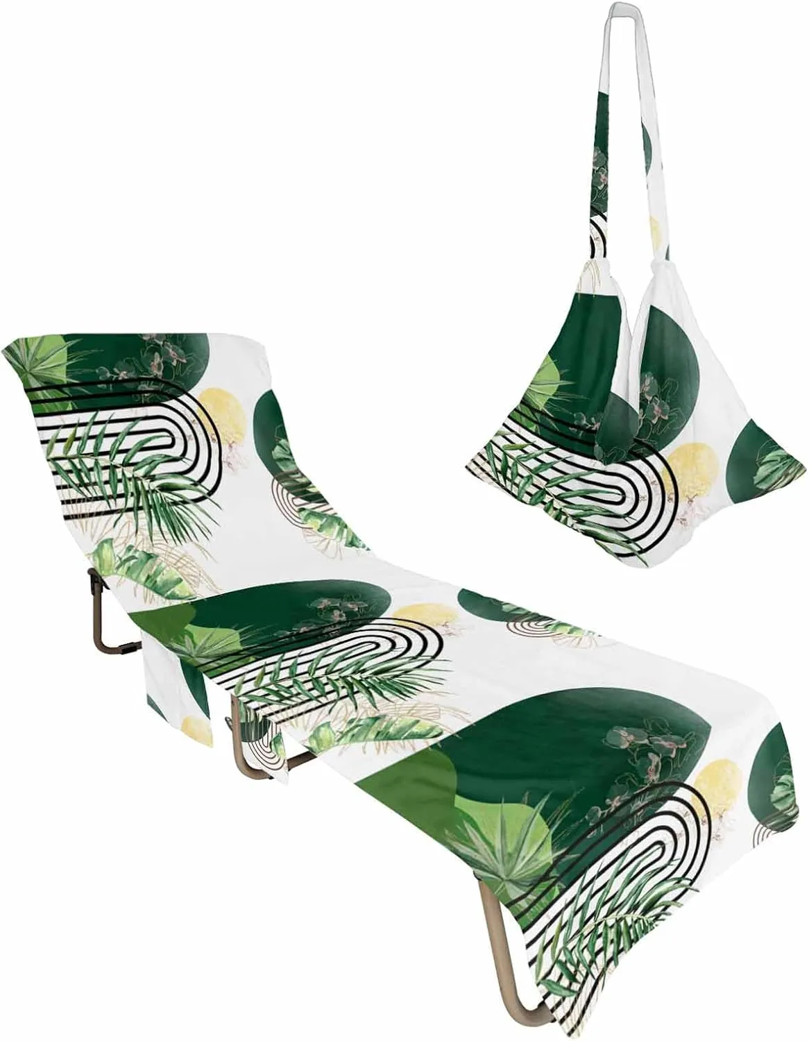 Beach Pool Patio Lounge Chaise Chair Cover Towel with Pockets,Boho Green Leaves Absorbent & Quick Dry Microfiber Towel Cover Bag Summer Travel Accessories Tropical Palm Leaf Sun Modern White