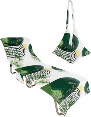 Beach Pool Patio Lounge Chaise Chair Cover Towel with Pockets,Boho Green Leaves Absorbent & Quick Dry Microfiber Towel Cover Bag Summer Travel Accessories Tropical Palm Leaf Sun Modern White