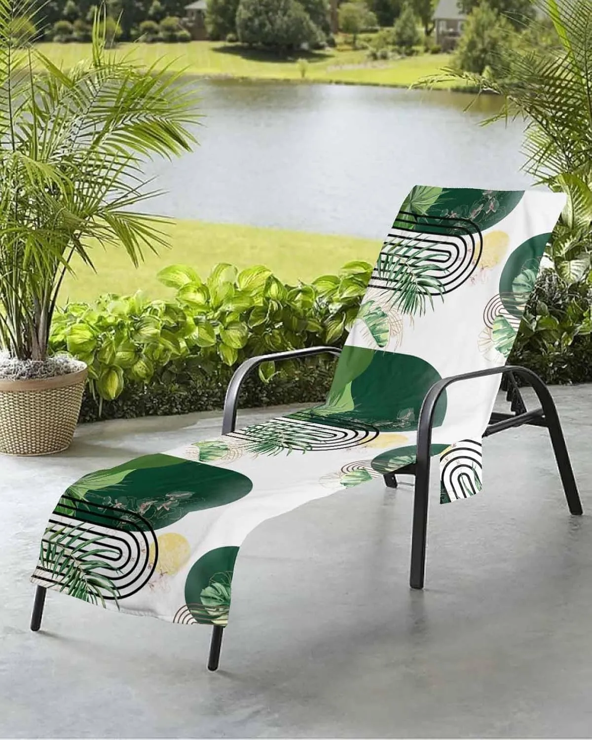 Beach Pool Patio Lounge Chaise Chair Cover Towel with Pockets,Boho Green Leaves Absorbent & Quick Dry Microfiber Towel Cover Bag Summer Travel Accessories Tropical Palm Leaf Sun Modern White