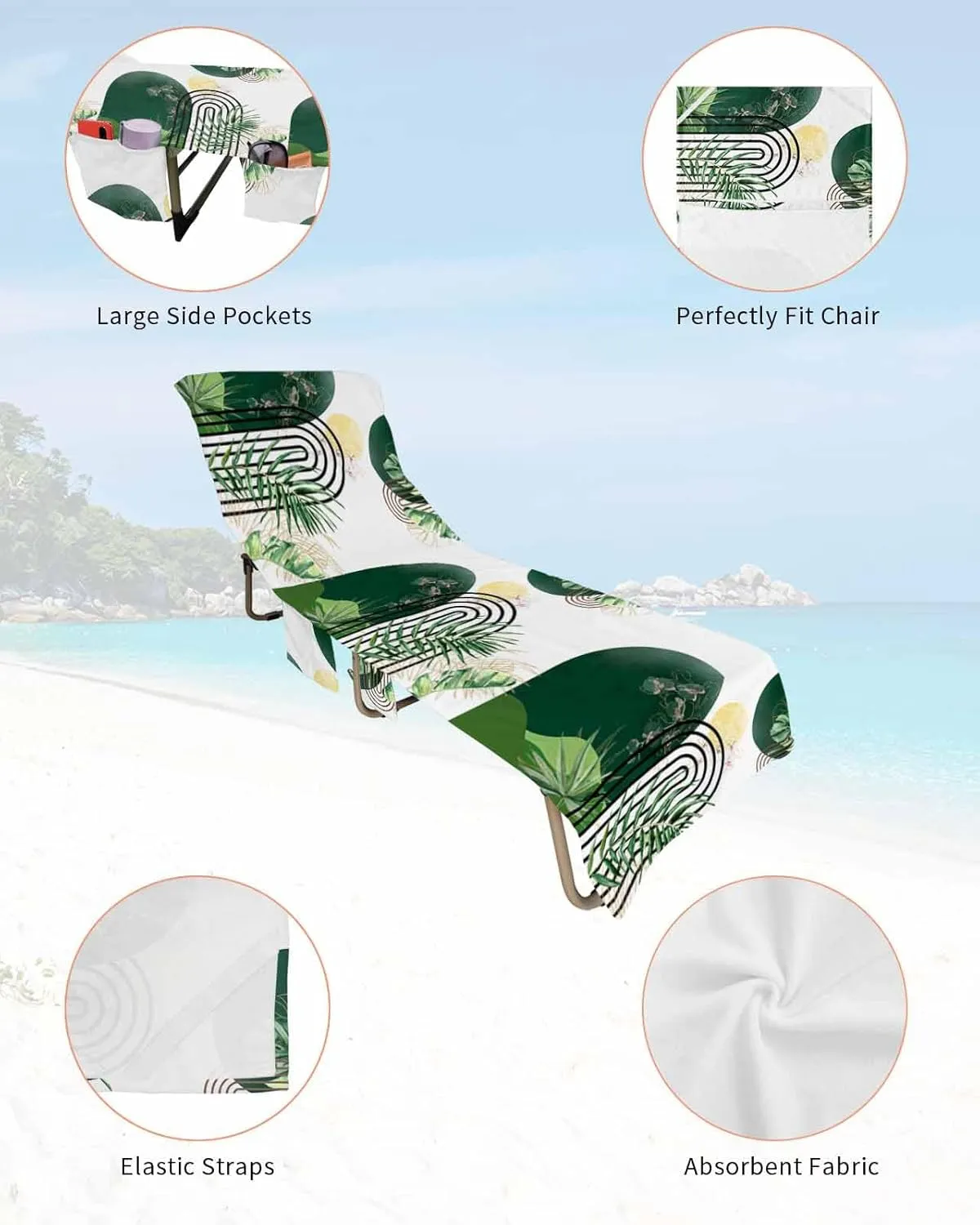 Beach Pool Patio Lounge Chaise Chair Cover Towel with Pockets,Boho Green Leaves Absorbent & Quick Dry Microfiber Towel Cover Bag Summer Travel Accessories Tropical Palm Leaf Sun Modern White