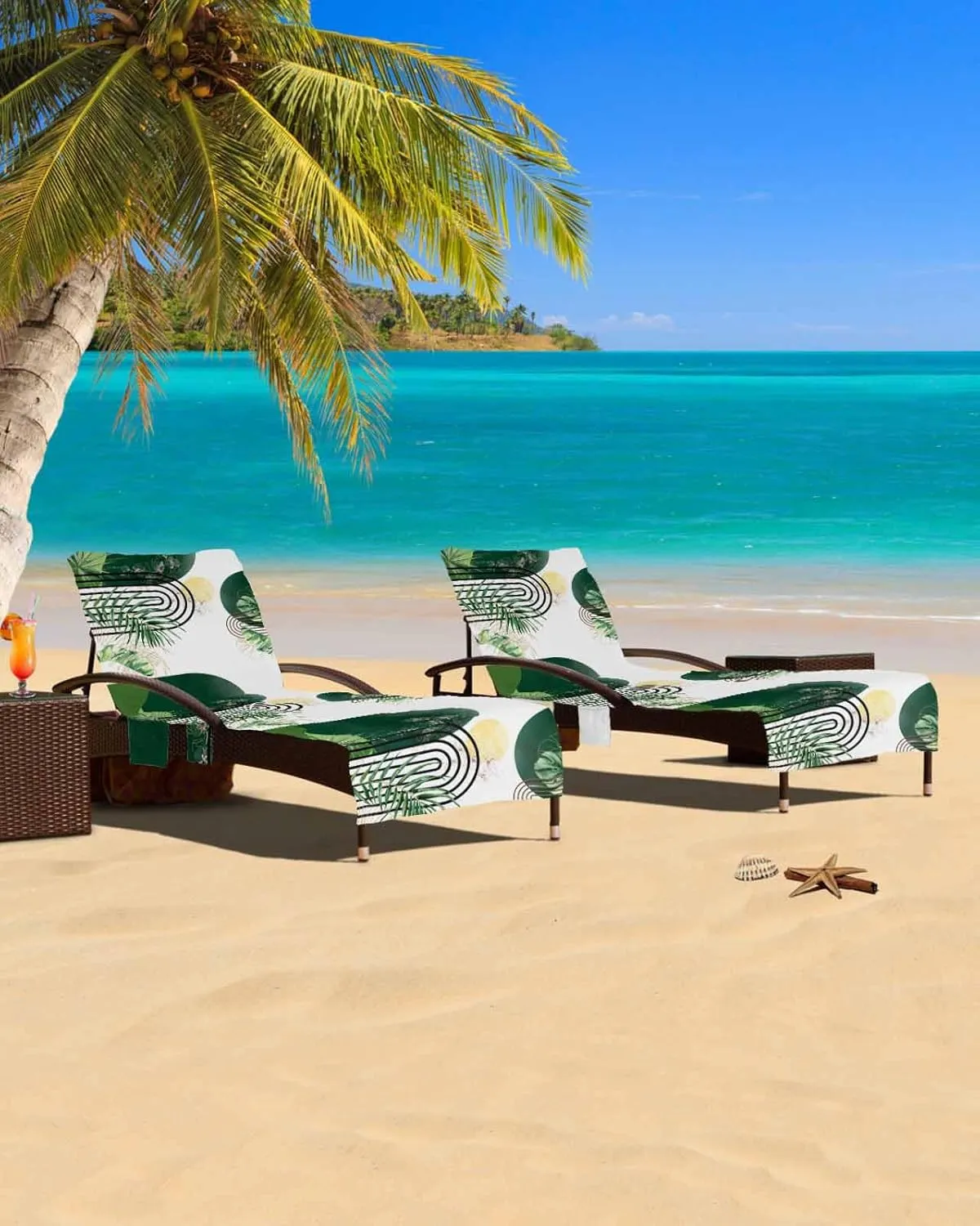 Beach Pool Patio Lounge Chaise Chair Cover Towel with Pockets,Boho Green Leaves Absorbent & Quick Dry Microfiber Towel Cover Bag Summer Travel Accessories Tropical Palm Leaf Sun Modern White