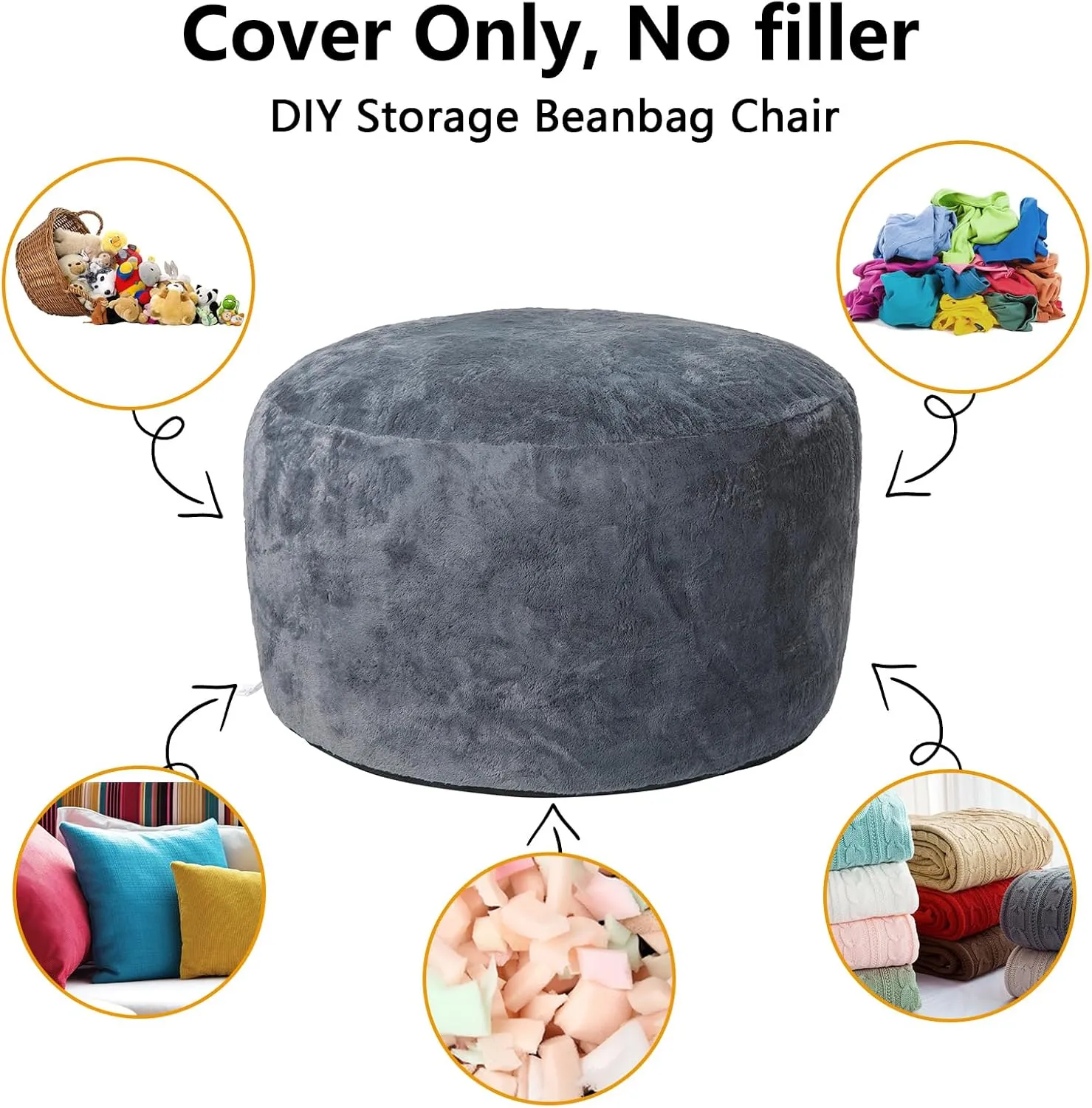 Bean Bag Chair Cover (No Filler), Adult Beanbag Chair Outside Cover Big Round Soft Fluffy Faux Fur Beanbag Lazy Sofa Bed Cover (Dark Grey,5FT)