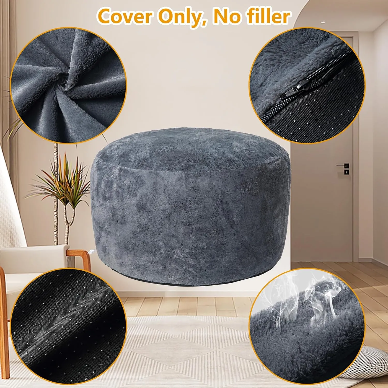 Bean Bag Chair Cover (No Filler), Adult Beanbag Chair Outside Cover Big Round Soft Fluffy Faux Fur Beanbag Lazy Sofa Bed Cover (Dark Grey,5FT)