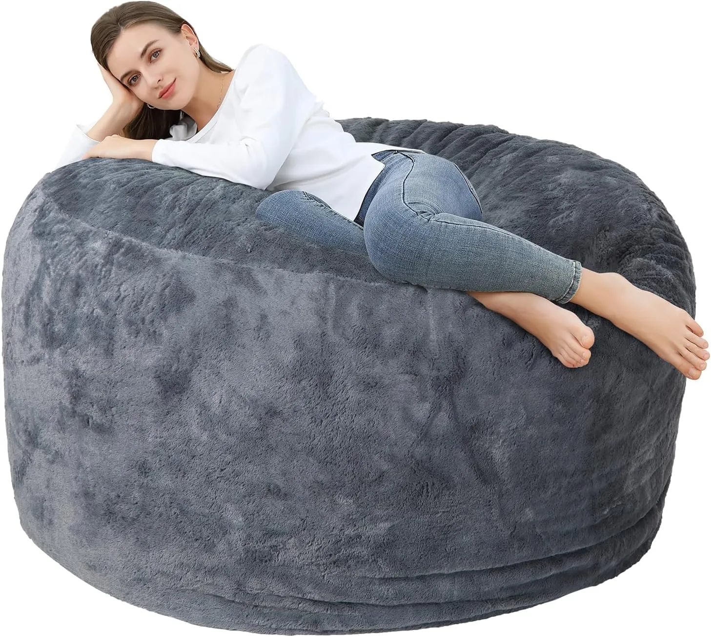 Bean Bag Chair Cover (No Filler), Adult Beanbag Chair Outside Cover Big Round Soft Fluffy Faux Fur Beanbag Lazy Sofa Bed Cover (Dark Grey,5FT)