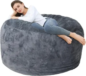 Bean Bag Chair Cover (No Filler), Adult Beanbag Chair Outside Cover Big Round Soft Fluffy Faux Fur Beanbag Lazy Sofa Bed Cover (Dark Grey,5FT)