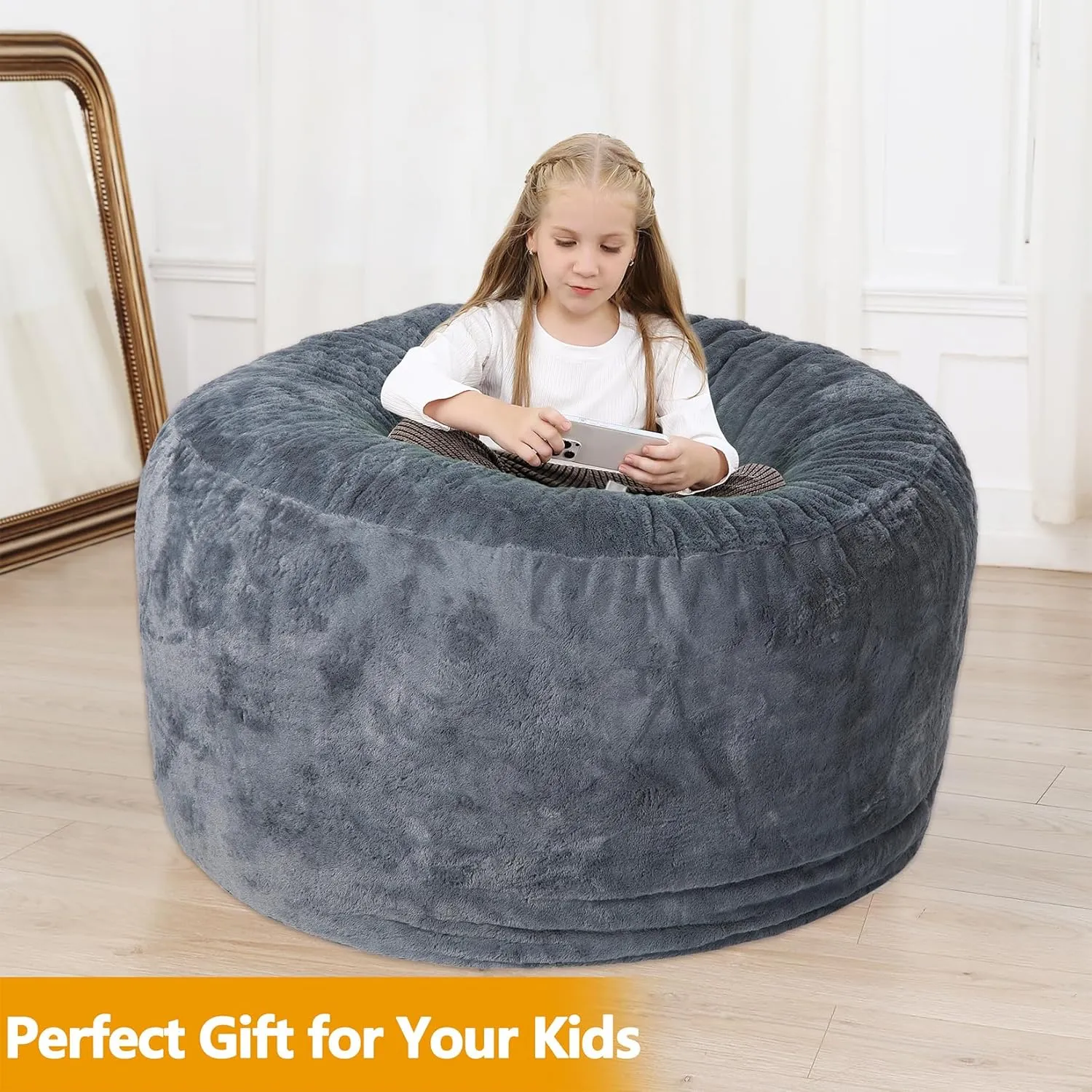 Bean Bag Chair Cover (No Filler), Adult Beanbag Chair Outside Cover Big Round Soft Fluffy Faux Fur Beanbag Lazy Sofa Bed Cover (Dark Grey,5FT)