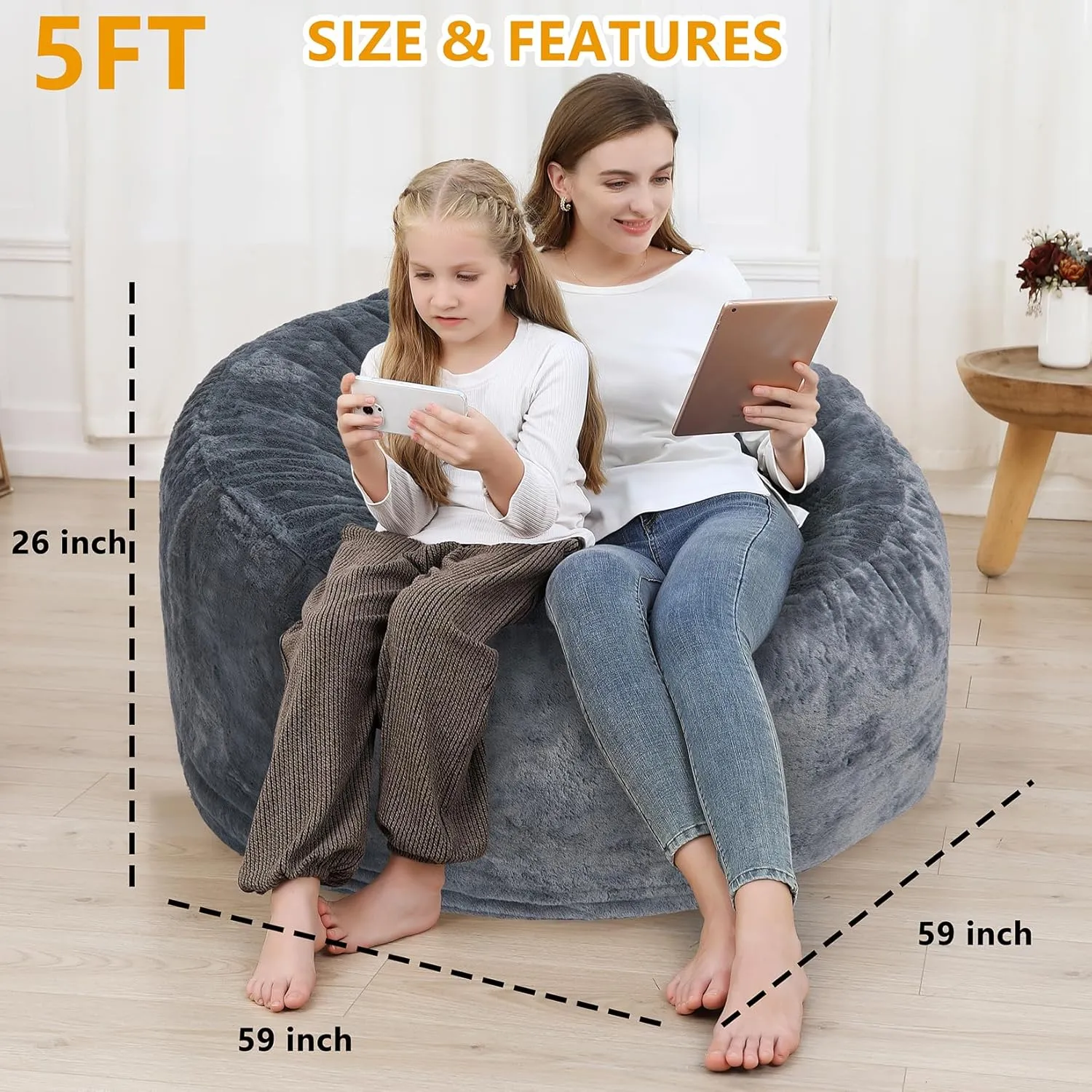 Bean Bag Chair Cover (No Filler), Adult Beanbag Chair Outside Cover Big Round Soft Fluffy Faux Fur Beanbag Lazy Sofa Bed Cover (Dark Grey,5FT)