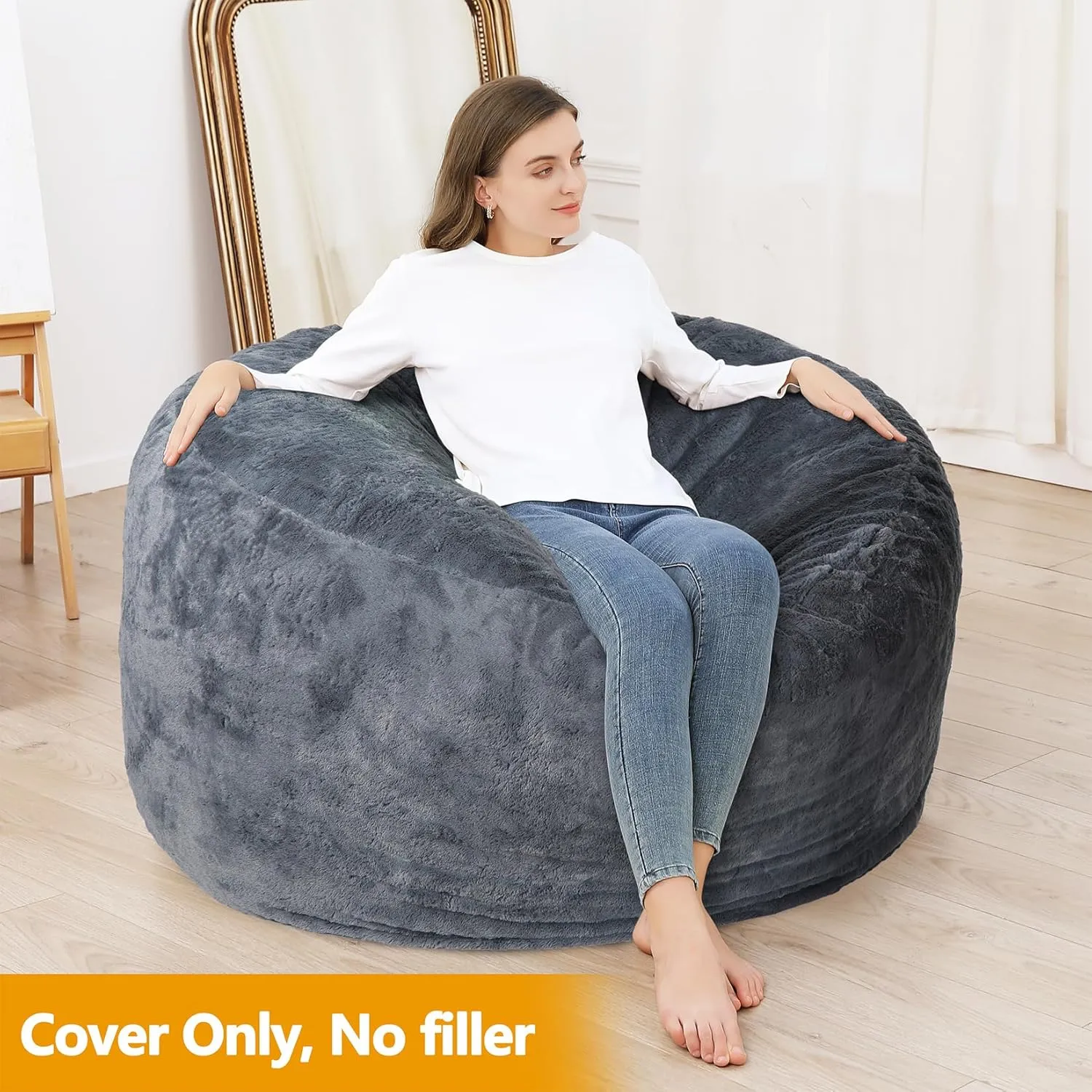 Bean Bag Chair Cover (No Filler), Adult Beanbag Chair Outside Cover Big Round Soft Fluffy Faux Fur Beanbag Lazy Sofa Bed Cover (Dark Grey,5FT)