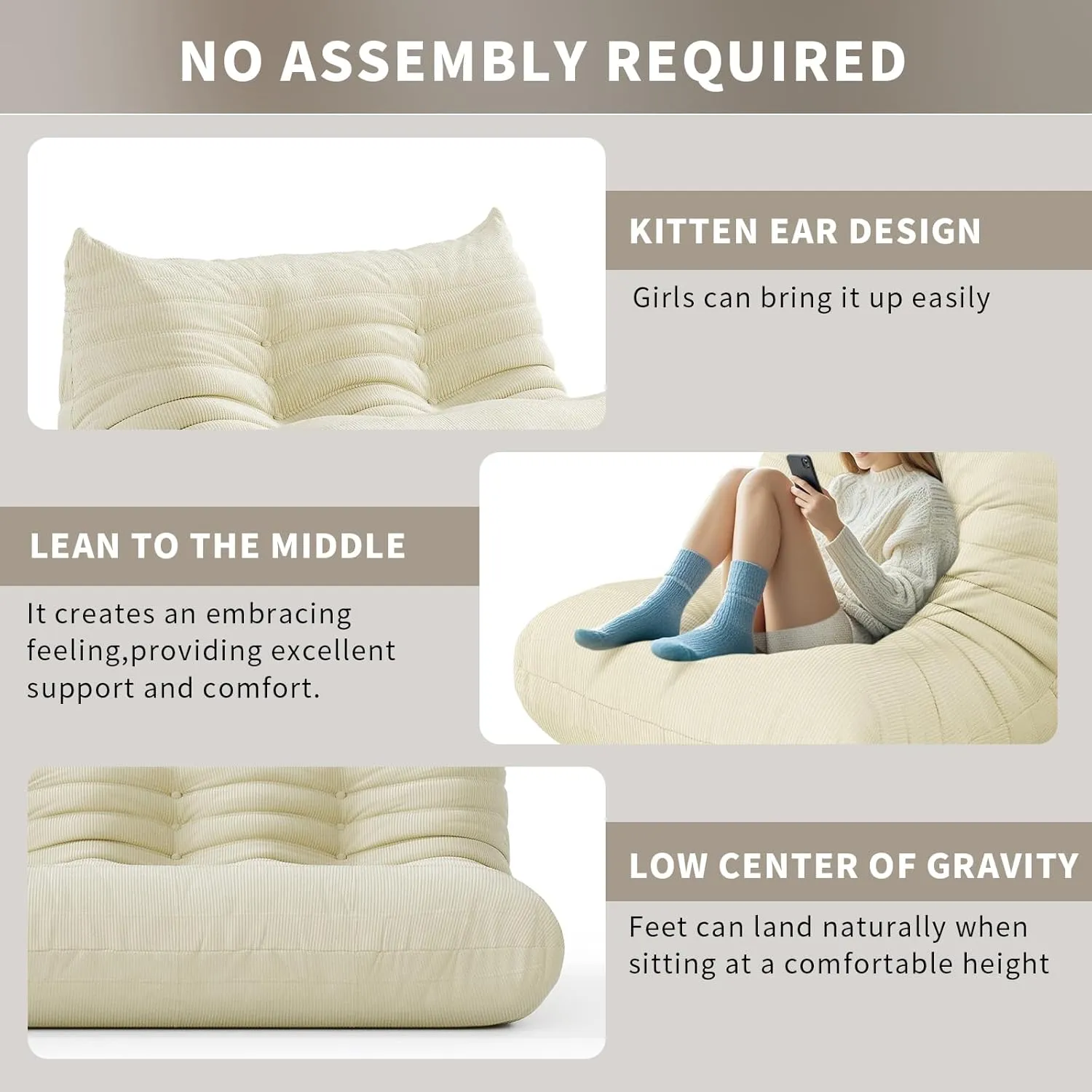 Bean Bag Chair for Adults Fireside Floor Lazy Sofa Couches Corduroy Cozy Sofas with Ergonomic Design Memory Foam Lounger Couch for Dorm, Apartment and Gaming Venue,Cream