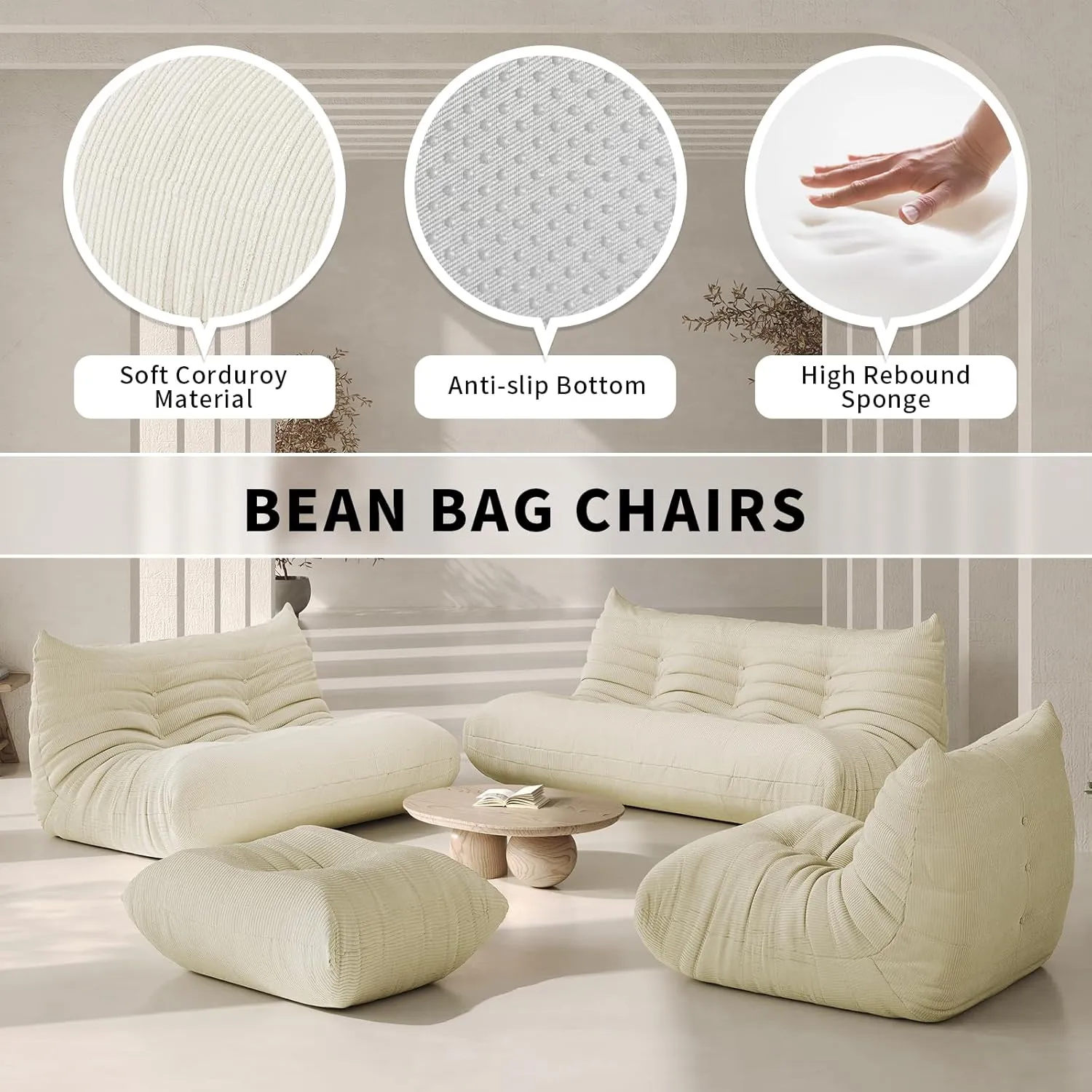 Bean Bag Chair for Adults Fireside Floor Lazy Sofa Couches Corduroy Cozy Sofas with Ergonomic Design Memory Foam Lounger Couch for Dorm, Apartment and Gaming Venue,Cream