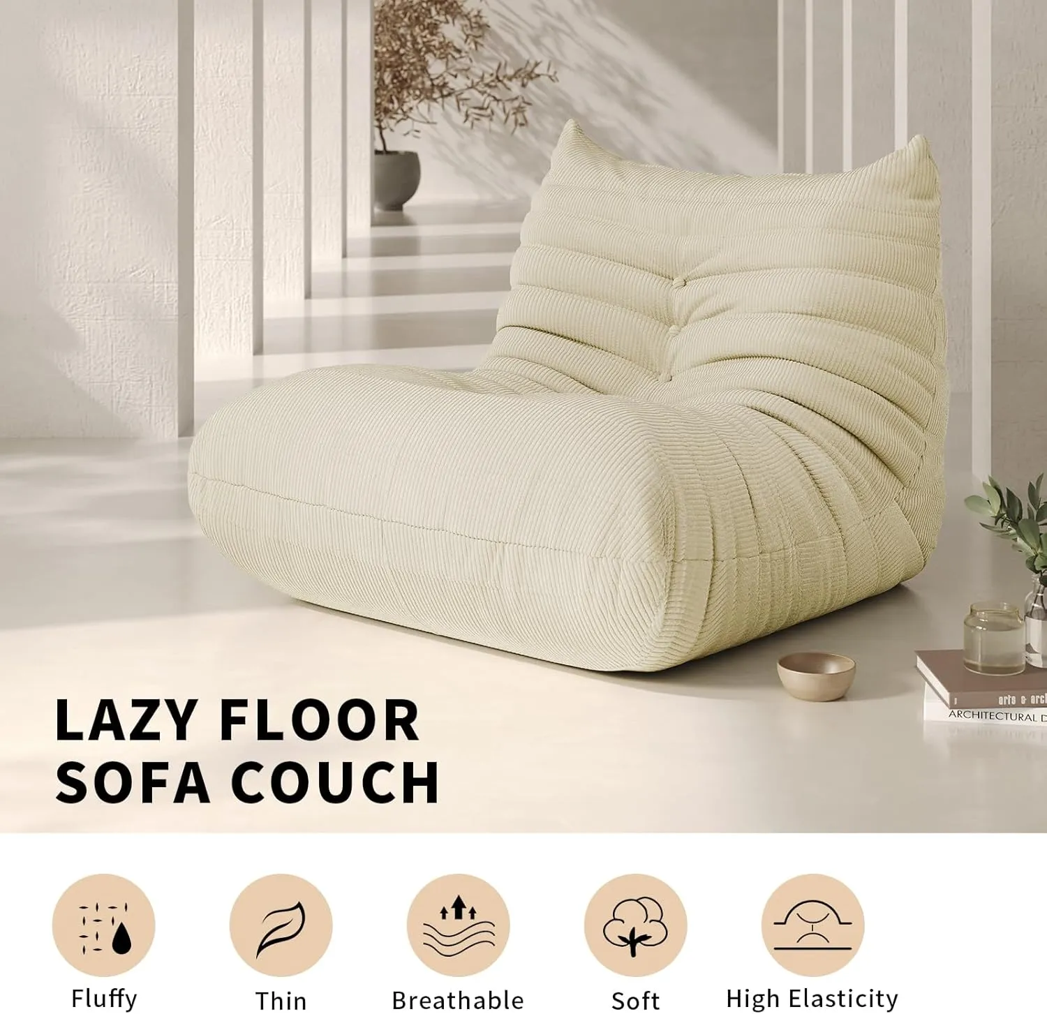 Bean Bag Chair for Adults Fireside Floor Lazy Sofa Couches Corduroy Cozy Sofas with Ergonomic Design Memory Foam Lounger Couch for Dorm, Apartment and Gaming Venue,Cream