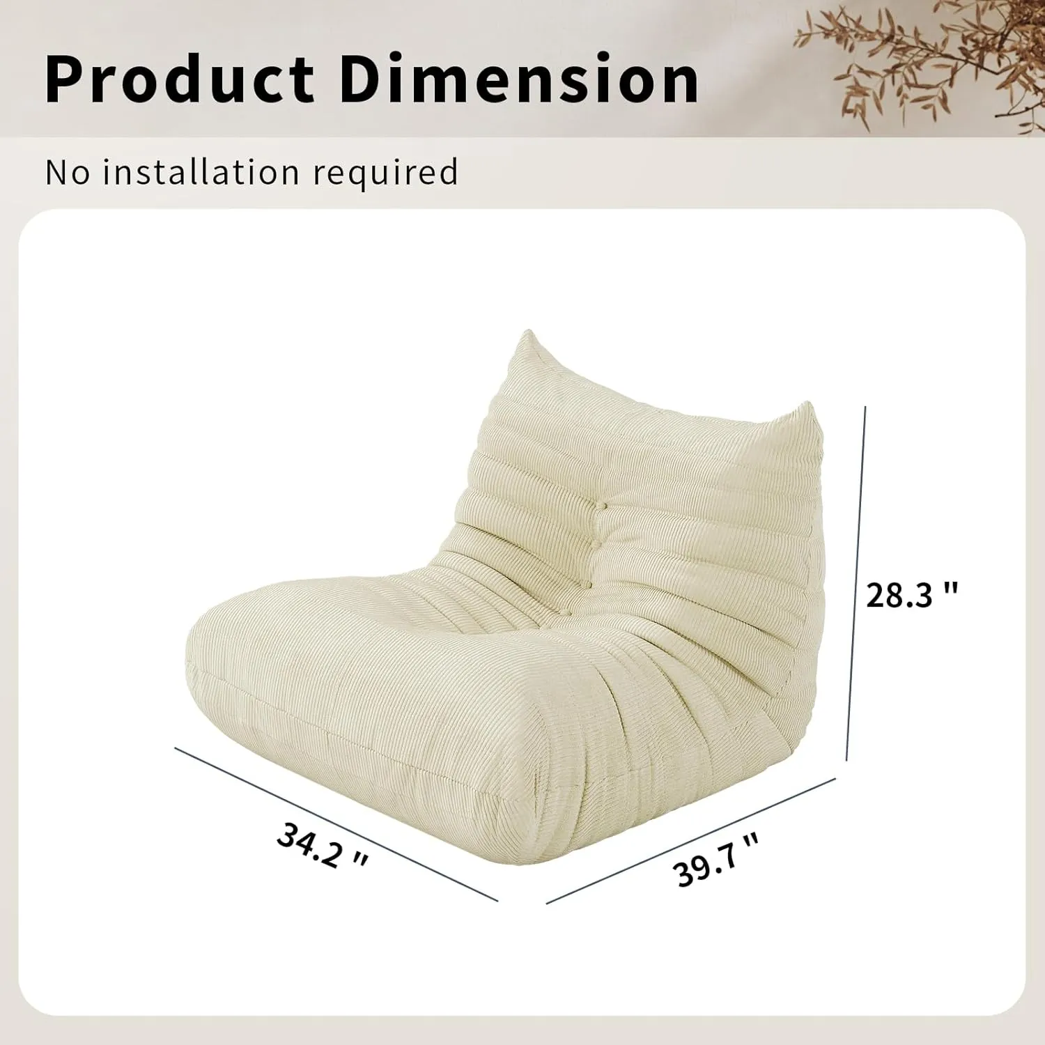 Bean Bag Chair for Adults Fireside Floor Lazy Sofa Couches Corduroy Cozy Sofas with Ergonomic Design Memory Foam Lounger Couch for Dorm, Apartment and Gaming Venue,Cream