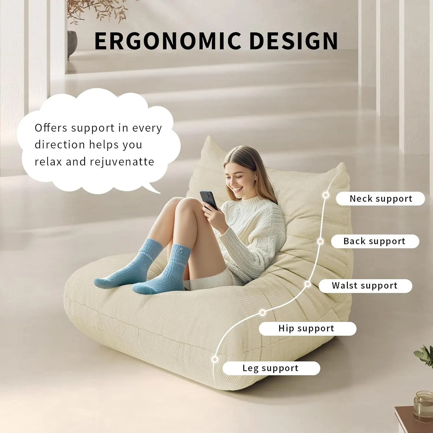 Bean Bag Chair for Adults Fireside Floor Lazy Sofa Couches Corduroy Cozy Sofas with Ergonomic Design Memory Foam Lounger Couch for Dorm, Apartment and Gaming Venue,Cream