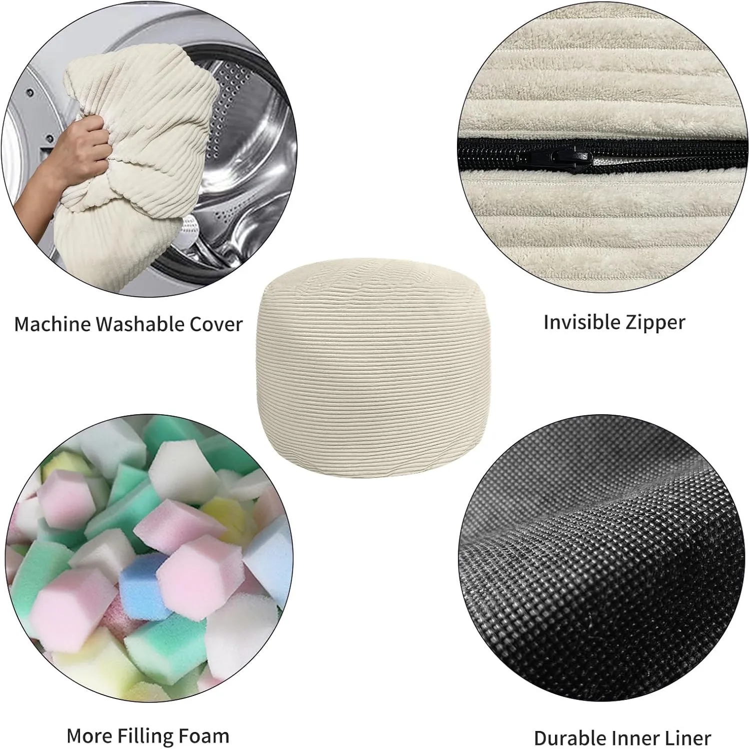Bean Bag Chairs for Adults, 5FT Bean Bag Chairs with Plush Microfiber Removable Cover, Giant Chairs with Memory Foam Big Sofa for Reading, Gaming Cozy Chair, Beige