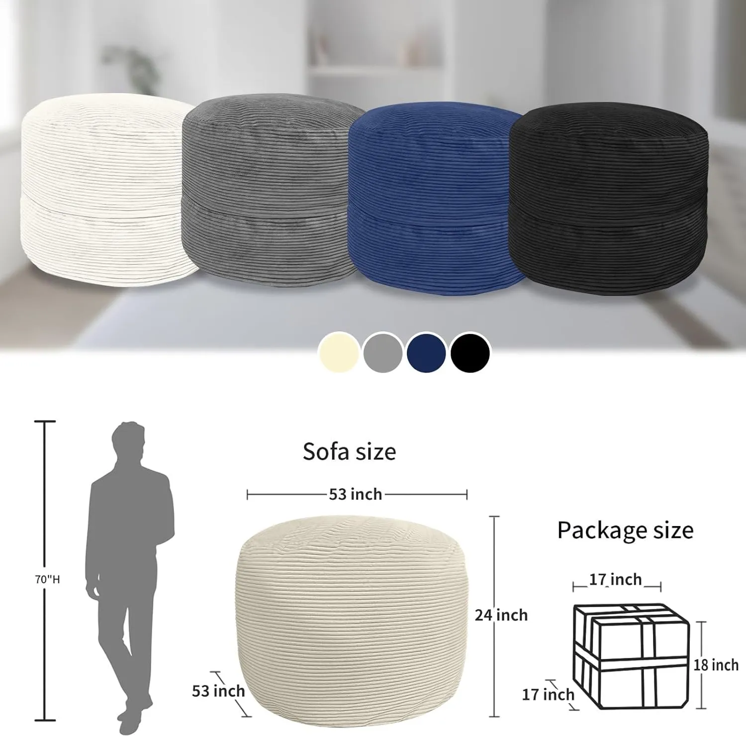 Bean Bag Chairs for Adults, 5FT Bean Bag Chairs with Plush Microfiber Removable Cover, Giant Chairs with Memory Foam Big Sofa for Reading, Gaming Cozy Chair, Beige