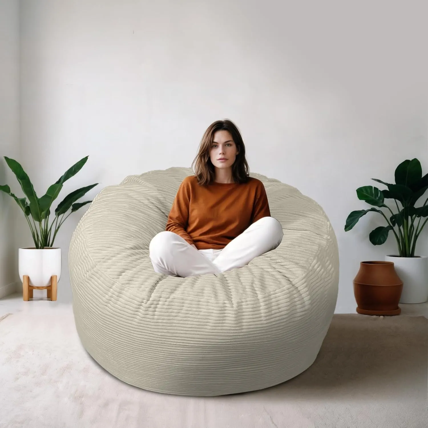 Bean Bag Chairs for Adults, 5FT Bean Bag Chairs with Plush Microfiber Removable Cover, Giant Chairs with Memory Foam Big Sofa for Reading, Gaming Cozy Chair, Beige