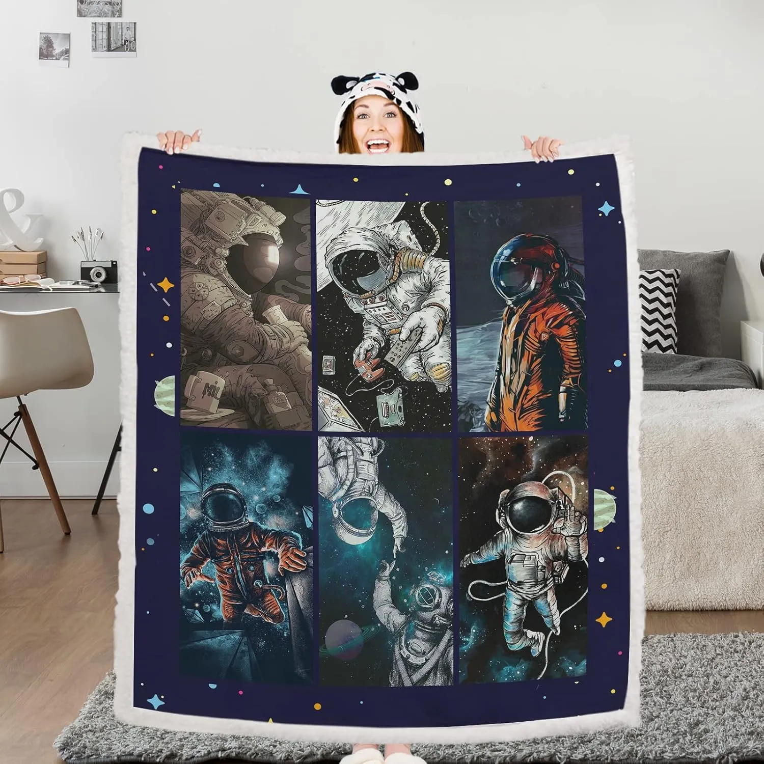 BEDMUST Astronaut Blanket for Boys Outer Space Art Print Throw Blanket Soft Warm Cozy Fuzzy Fleece Blanket for Sofa Chair Bed Office (60x80 inches)