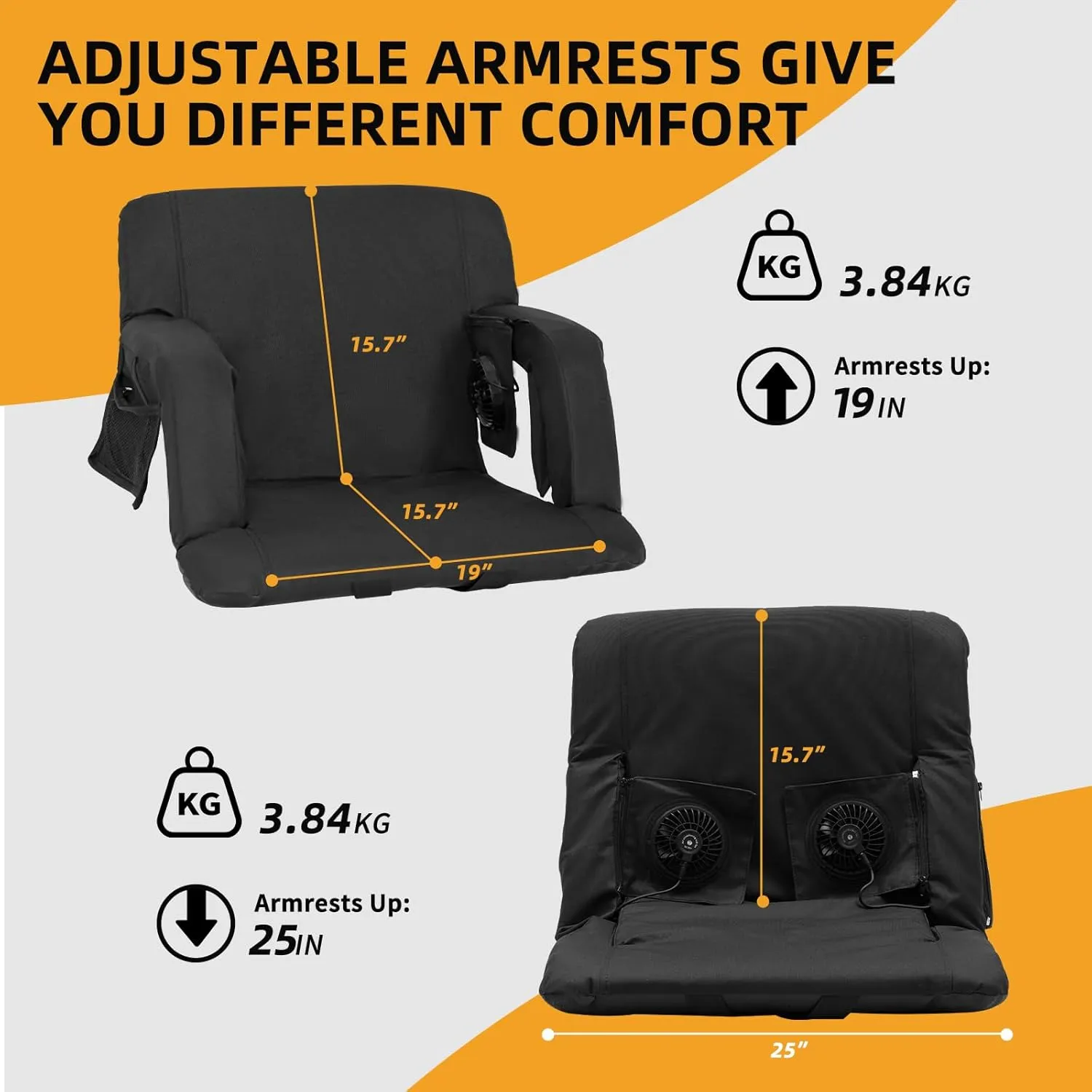 Begonia.K Cooling Fan Stadium Seat for Bleacher with Back Support, Portable and Lightweight Cooling Bleacher Seat with Backrest, 5 Reclining Positions, 5 Levels of Wind for Outdoor Sports Camping