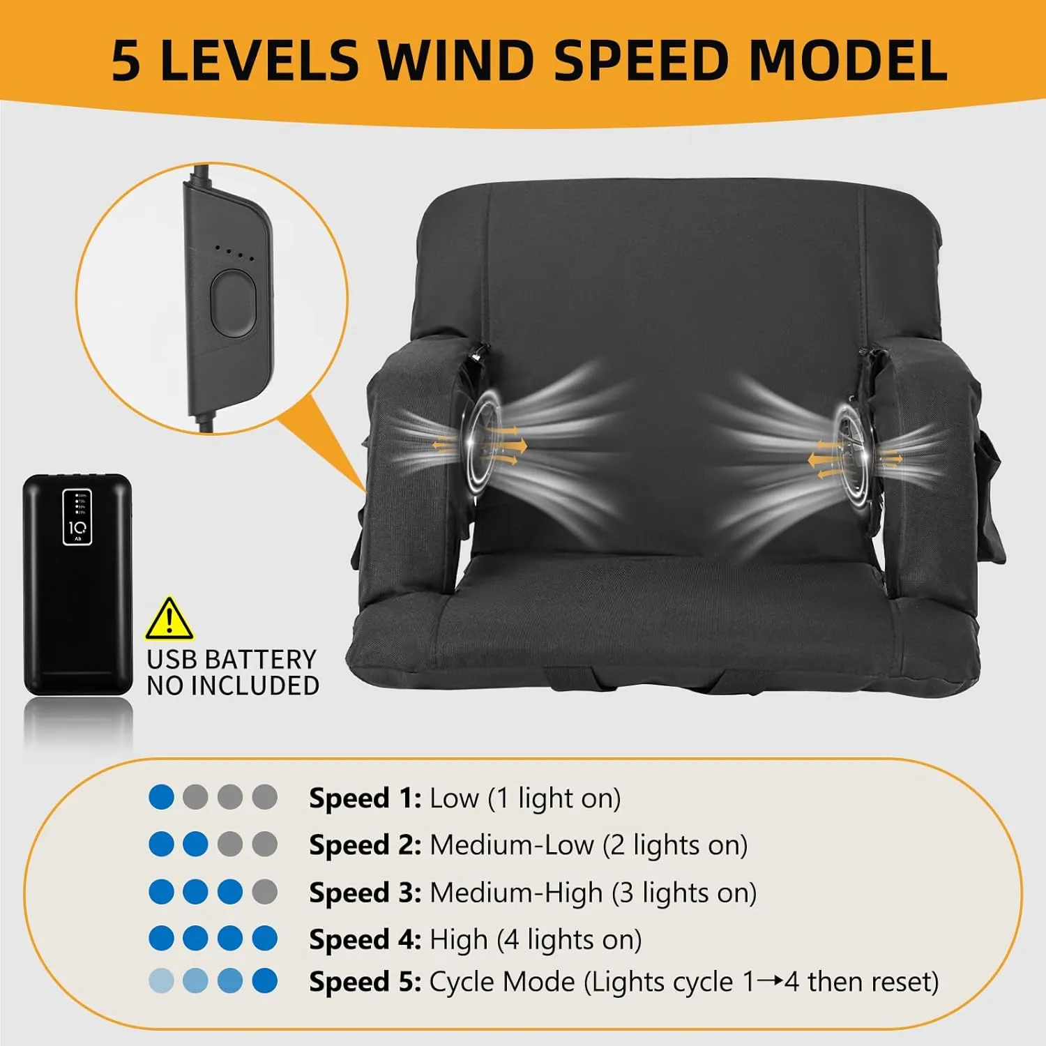 Begonia.K Cooling Fan Stadium Seat for Bleacher with Back Support, Portable and Lightweight Cooling Bleacher Seat with Backrest, 5 Reclining Positions, 5 Levels of Wind for Outdoor Sports Camping