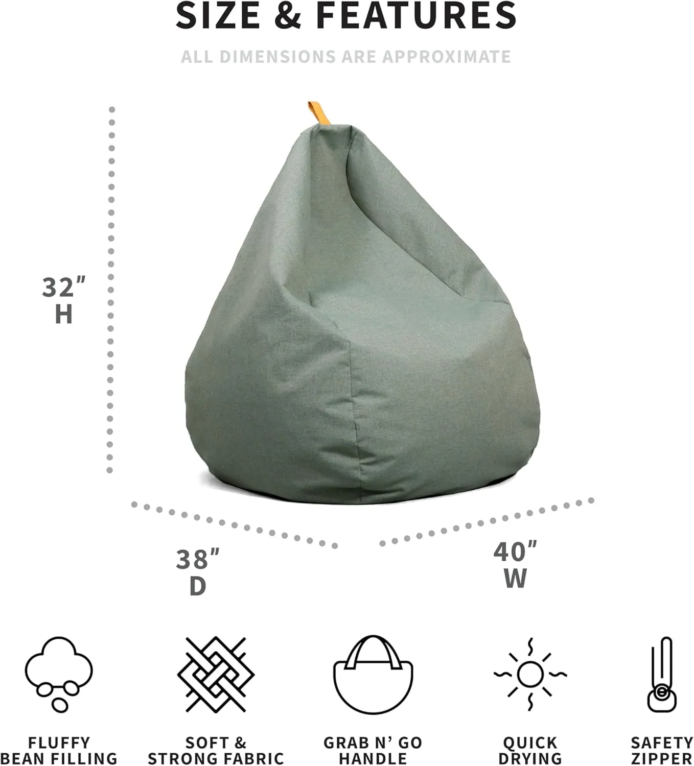 Big Joe Tuft Weatherproof Bean Bag Chair, Sage Intertwist, Weather Resistant UV-Protected Fabric, 3 feet Teardrop