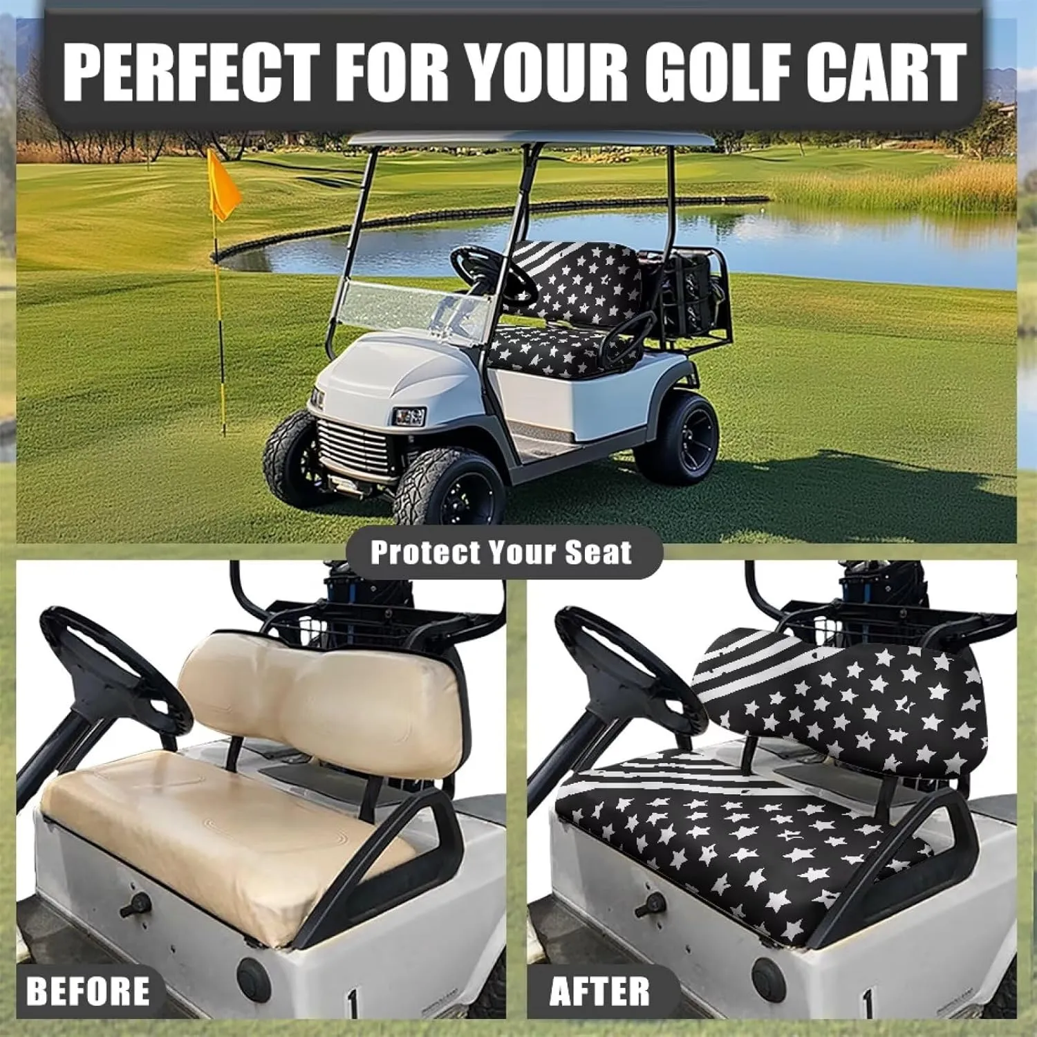 Biyejit Golf Cart Seat Covers Golf Cart Backrest Cover Bench Seat Covers Fits Most 2-Seat Golf Carts, Golf Cart Accessories