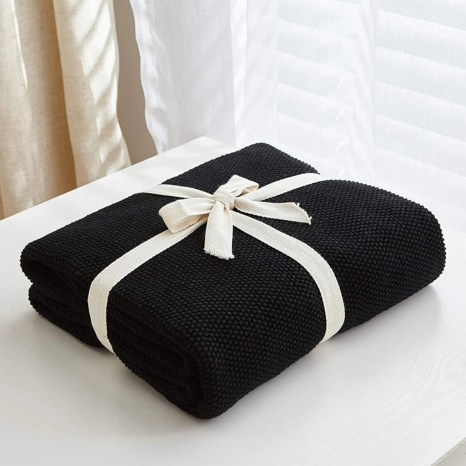 Black Cotton Cable Knit Throw Blanket for Couch Sofa Chair Bed Home Decorative, 3.4 Pounds 60 x 80 Inch Lightweight Woven Throw Blankets with Bonus Laundering Bag