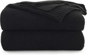 Black Cotton Cable Knit Throw Blanket for Couch Sofa Chair Bed Home Decorative, 3.4 Pounds 60 x 80 Inch Lightweight Woven Throw Blankets with Bonus Laundering Bag