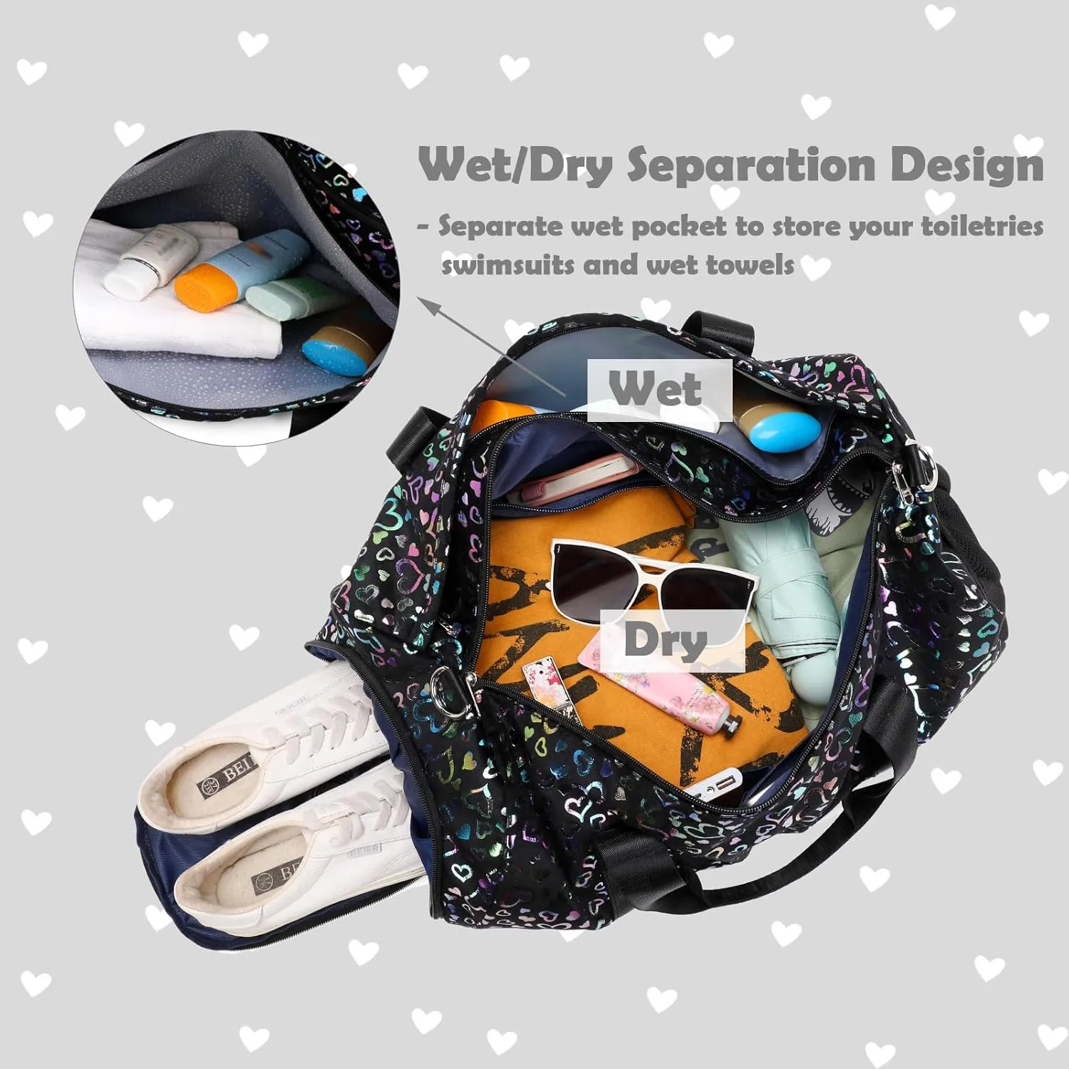 Black Girls Duffle Bags with Shoe Compartment Large-capacity Dance Ballet Bag Gym Sport Overnight Travel Sleepover Bags for Women Girl