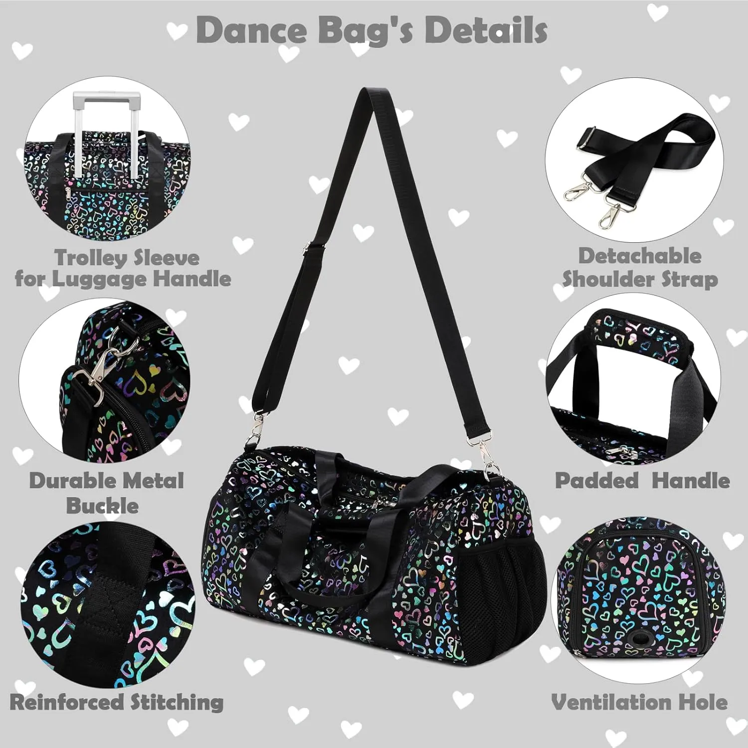 Black Girls Duffle Bags with Shoe Compartment Large-capacity Dance Ballet Bag Gym Sport Overnight Travel Sleepover Bags for Women Girl