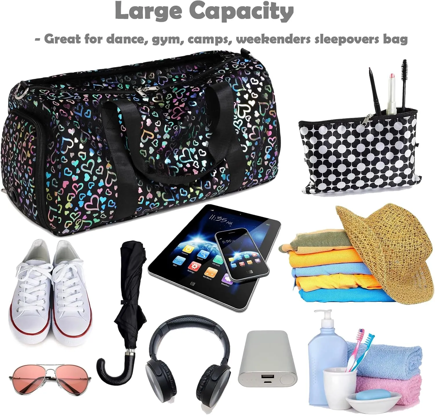 Black Girls Duffle Bags with Shoe Compartment Large-capacity Dance Ballet Bag Gym Sport Overnight Travel Sleepover Bags for Women Girl