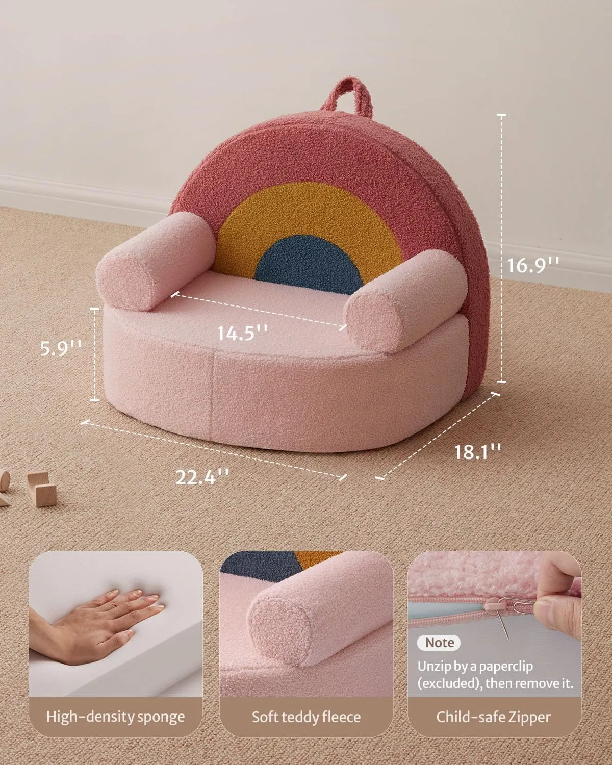 Blissful Diary Toddler Chair Comfy, Foam Kids Chair with Soft Teddy Plush, Toddler Reading Armchair with Cute Rainbow Designs- Blush Pink